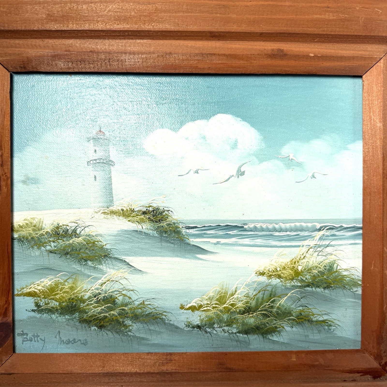 Betty Moore Signed Oil Painting Original Lighthouse Seascape Seagulls 14×12