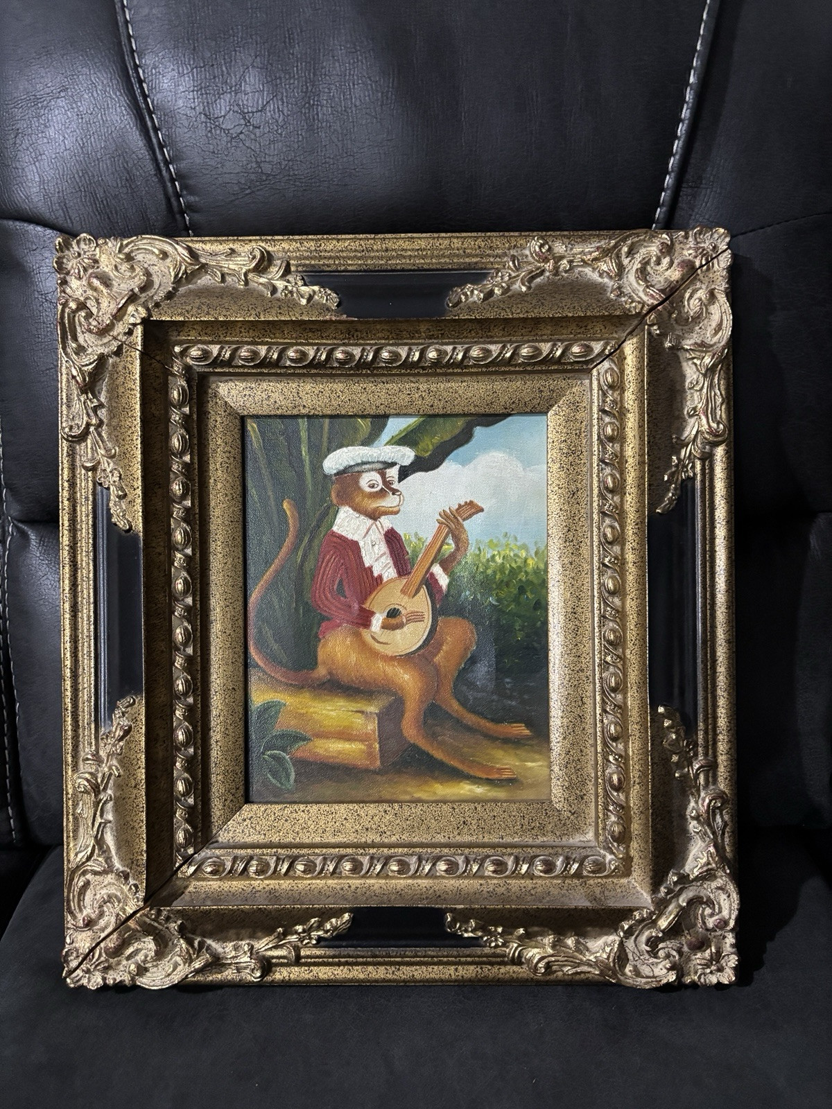 Oil Painting of an Anthropomorphic Monkey Playing Mandolin. Gold heavy Frame.