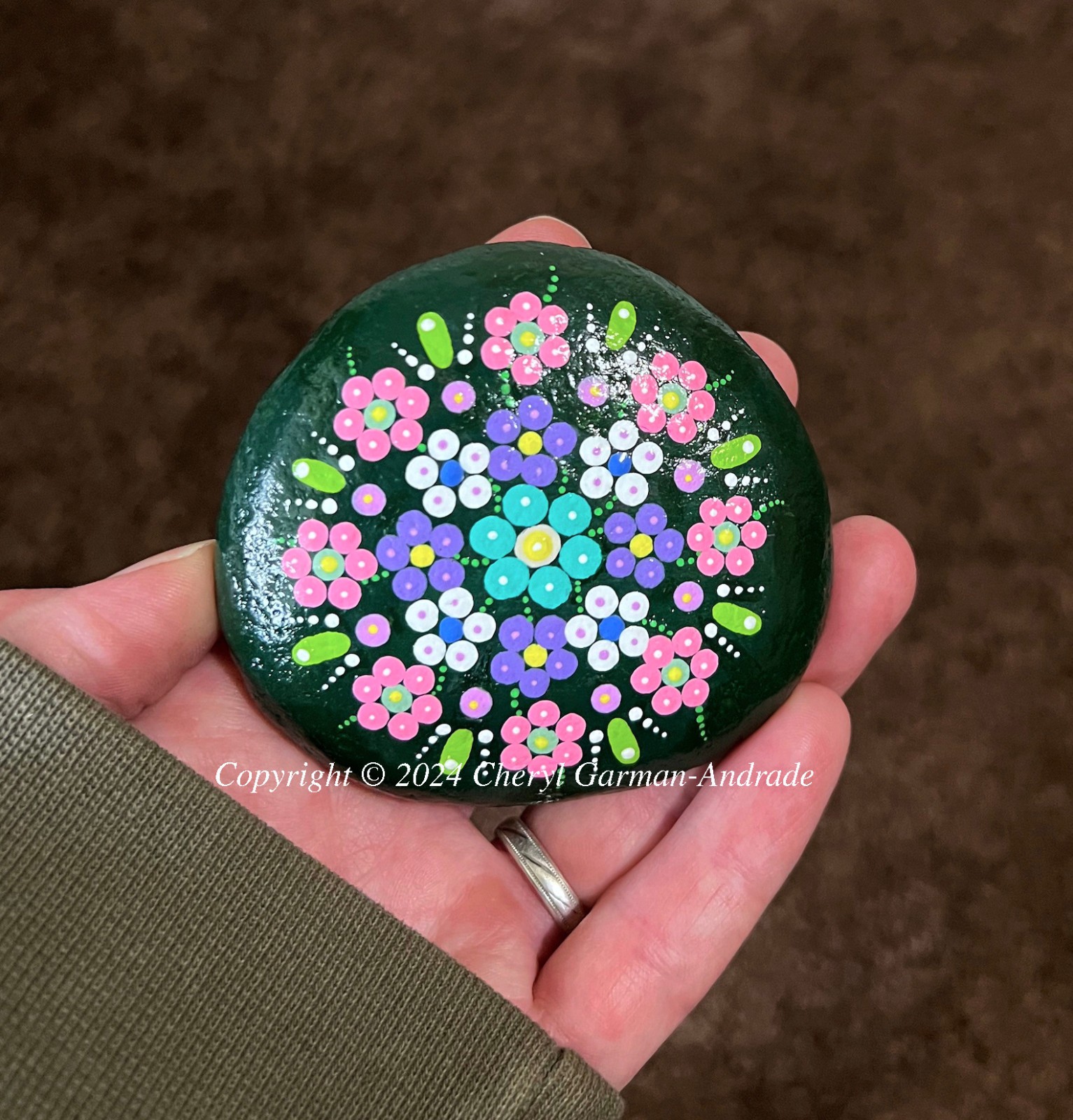 Original Dot Painted Stone Green Flower Mandala by Cheryl Andrade