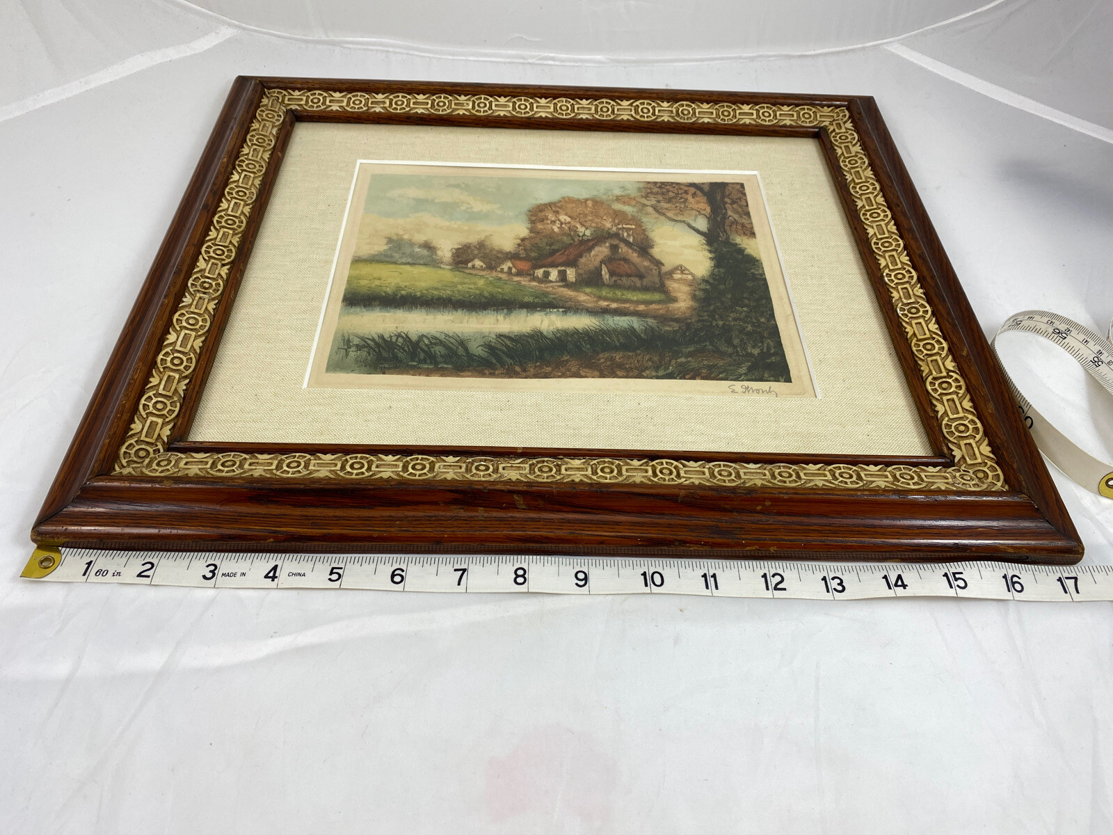 Country Scene Cottage Barn Landscape Watercolor Painting Signed Framed Inlay