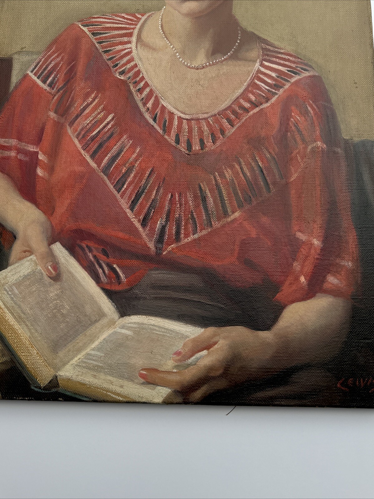 ANTIQUE PORTRAIT PAINTING PRETTY WOMAN FEMALE MODEL OIL ART DECO SIGNED LEWIS