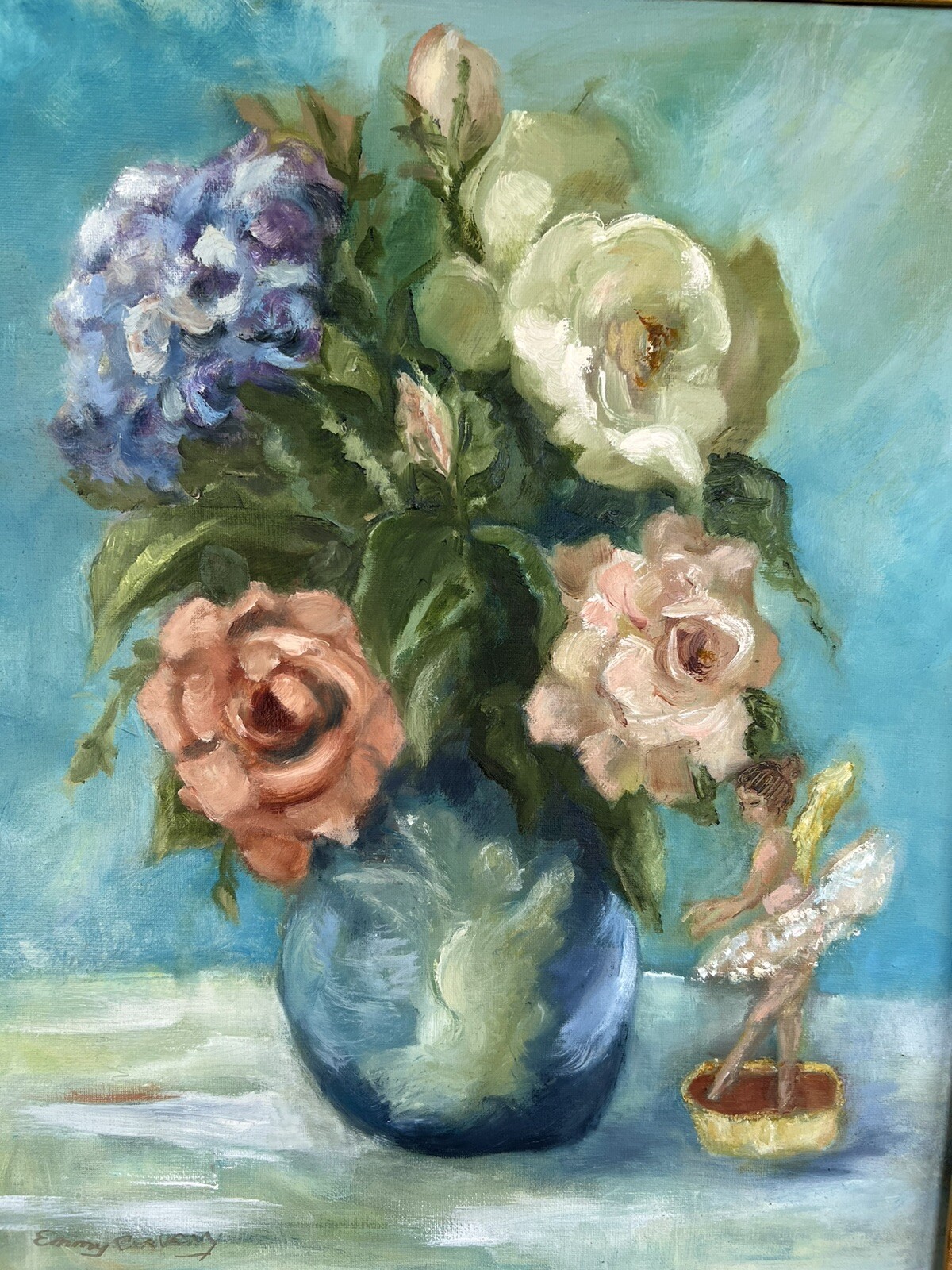 Framed 21-1/2 x 25-1/2 Oil Painting Signed Emmy Corvery Flowers Vase Angel Beaut