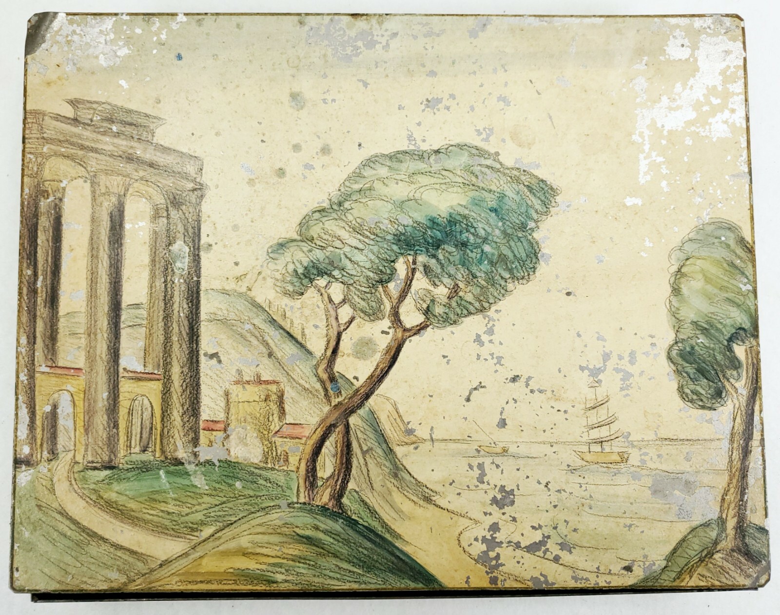 Antique Oil & Pencil Painting Study on Tin Artist Paint Box Paul Signac Type