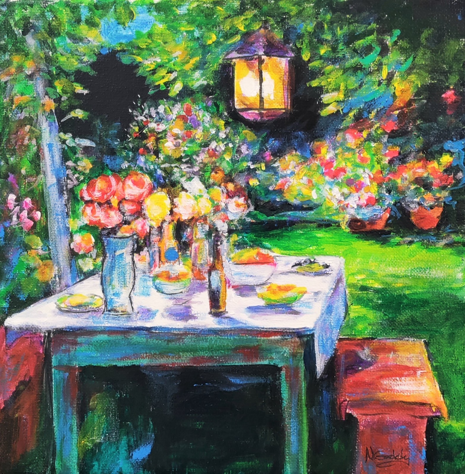 Original 10 X 10 Expressionist Garden Party Acrylic Canvas Wall Art Painting