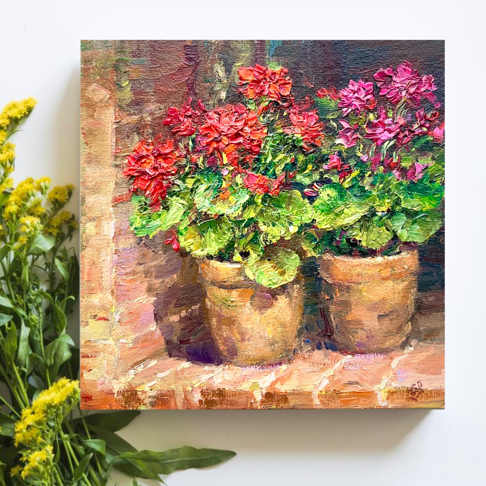 Original Oil Painting Geranium Flowers Impasto Small Wall Art 6x6in Signed