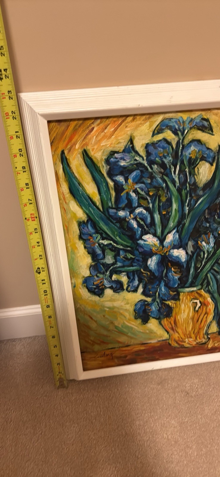 Vase with irises against a yellow backdrop – Original Oil Painting By Geelong