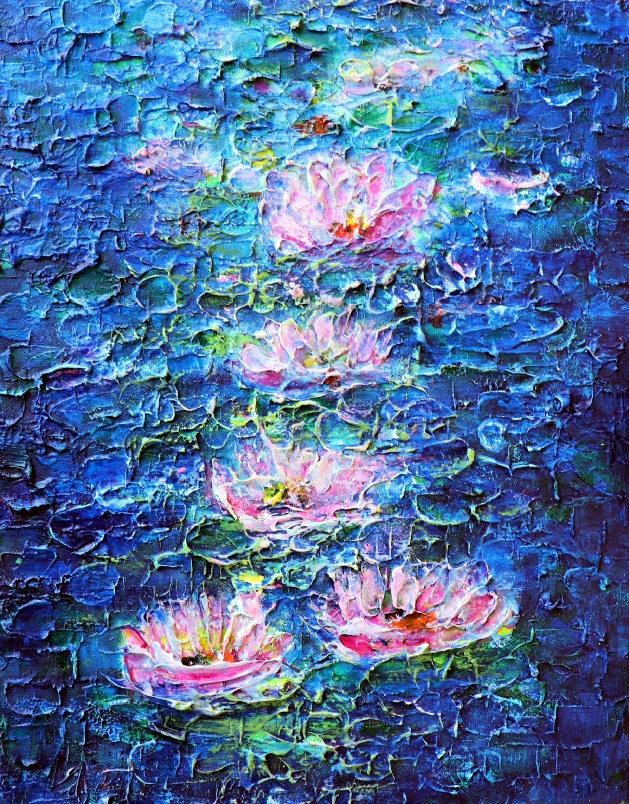 Water Lily Painting 11×14 Original Textured Blue Pond Canvas Art