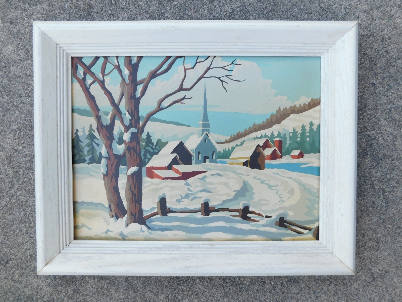Vintage Village Church Paint By Number framed Winter Scene Snow Outdoors 15×19
