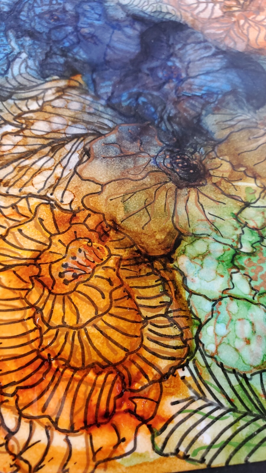 Abstract Floral Alcohol Ink Art In Dark Colors With Black Ink Embell 4.5×6.5″