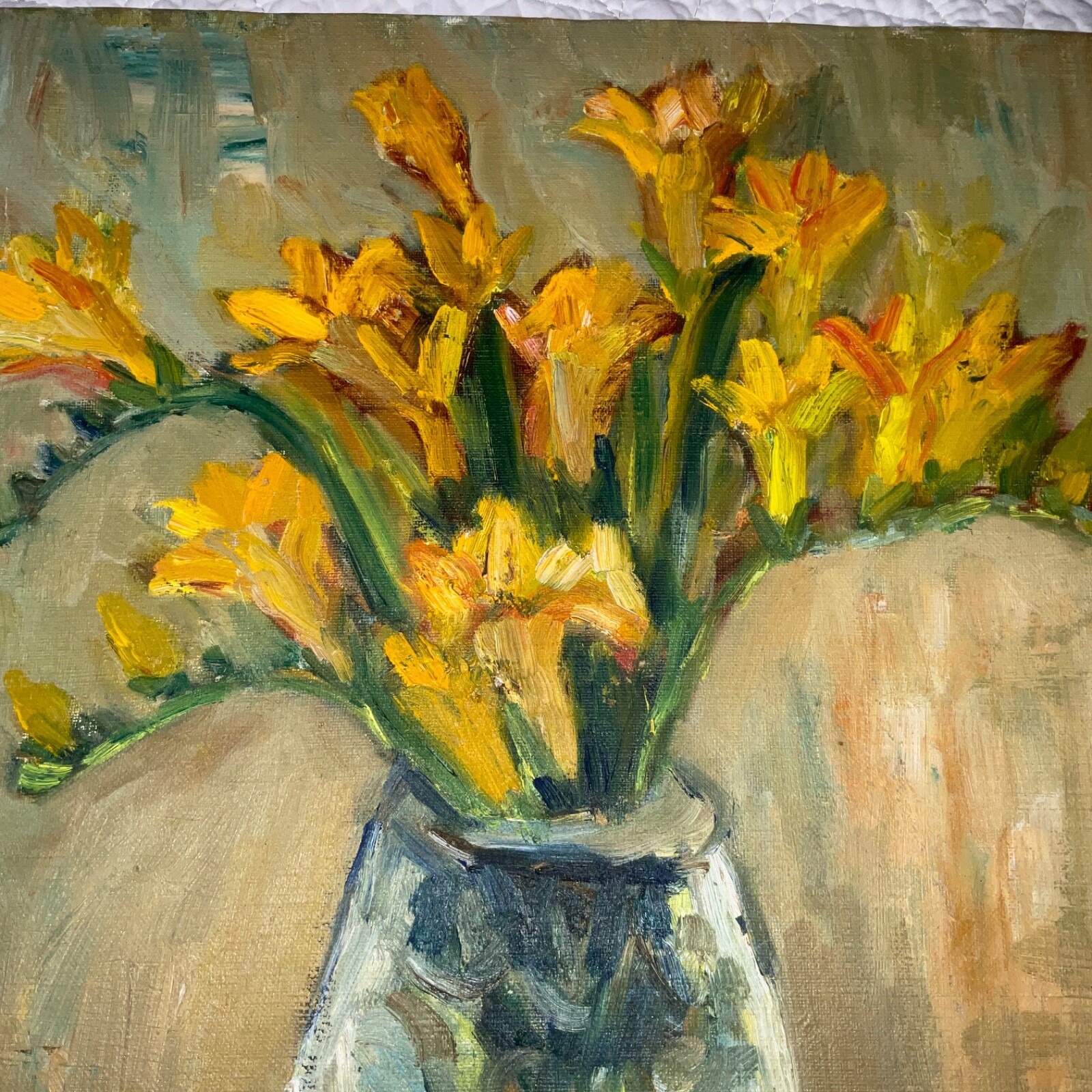VINTAGE 40s yellow floral flower original hand painted oil PAINTING crocus vase