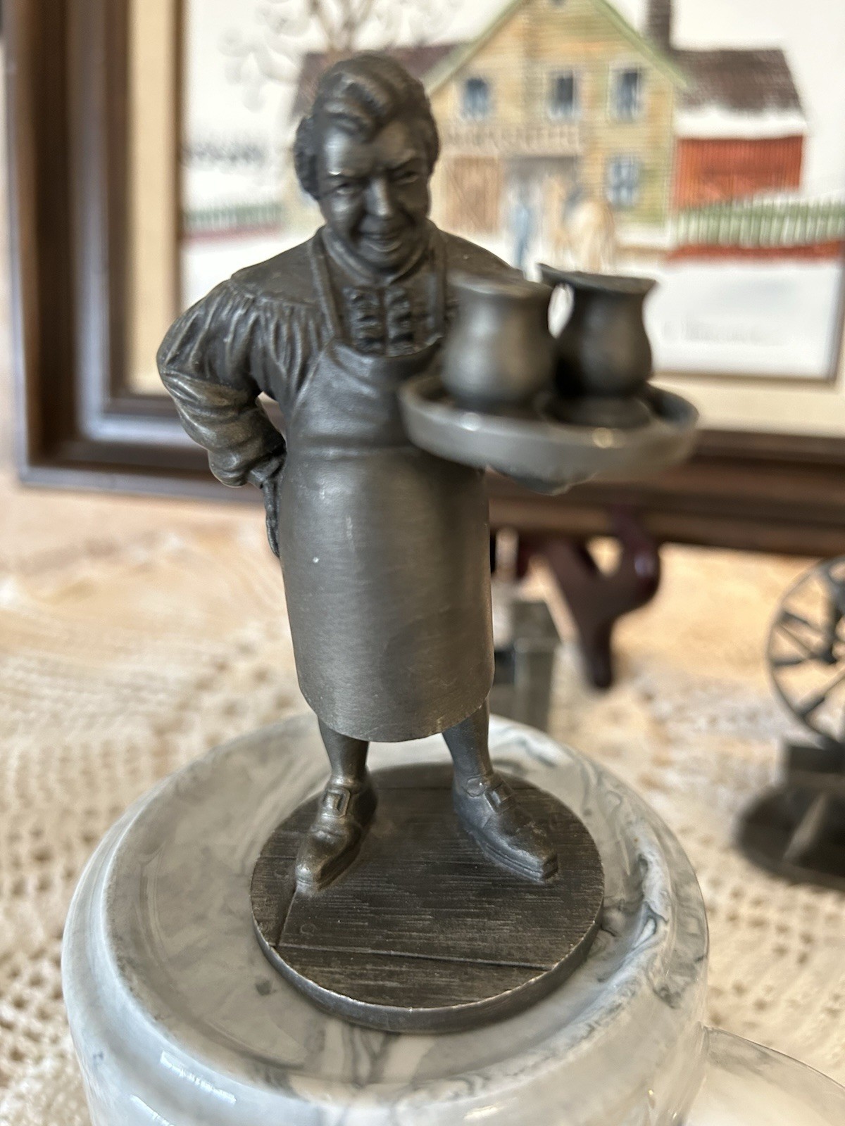 Vintage Rustic Blacksmith Franklin Mint Pewter Figurines Framed Signed Folk Art