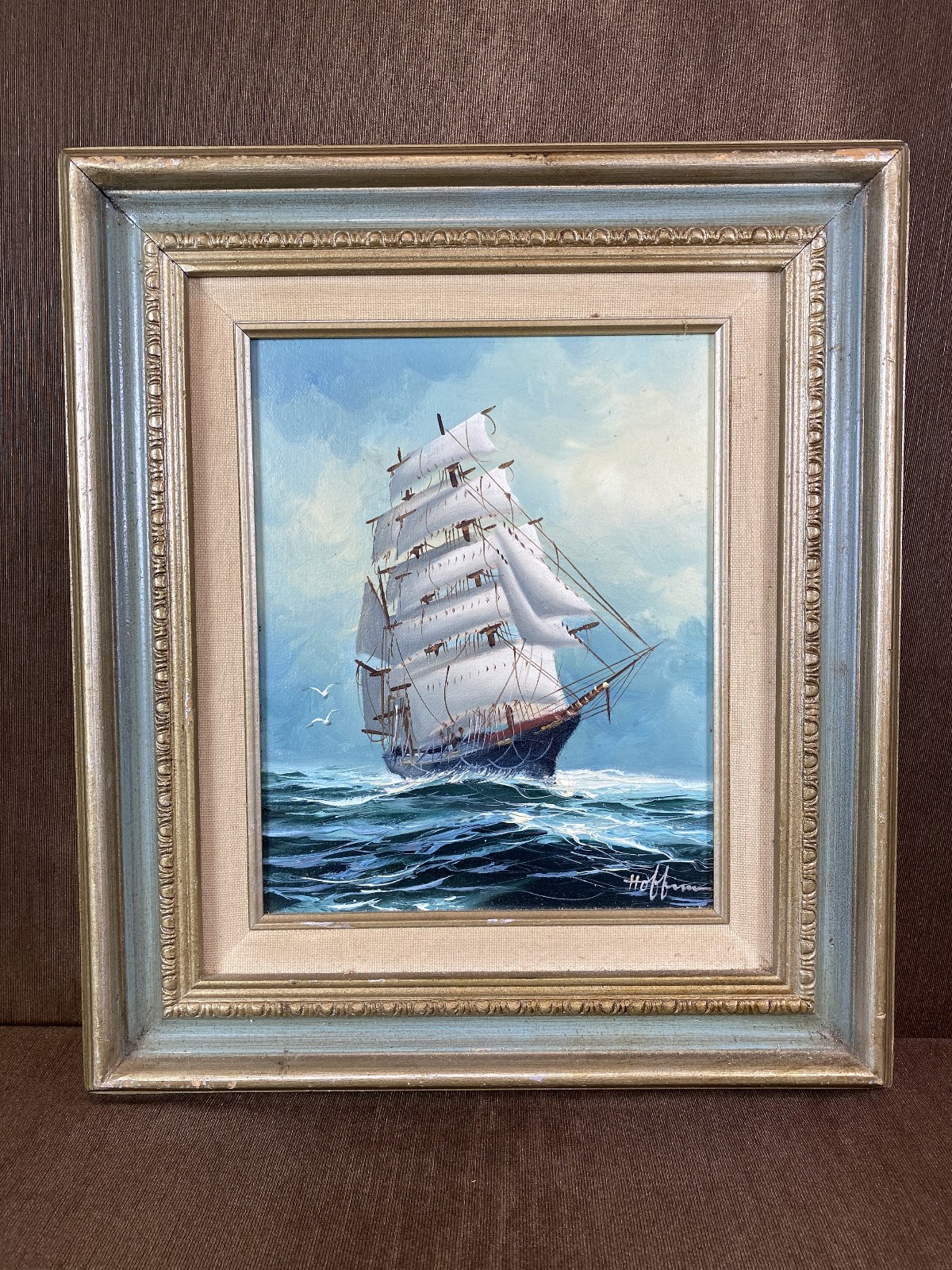 Vintage Hoffman Signed Maritime Oil Painting Clipper Ship Framed Ocean Seascape
