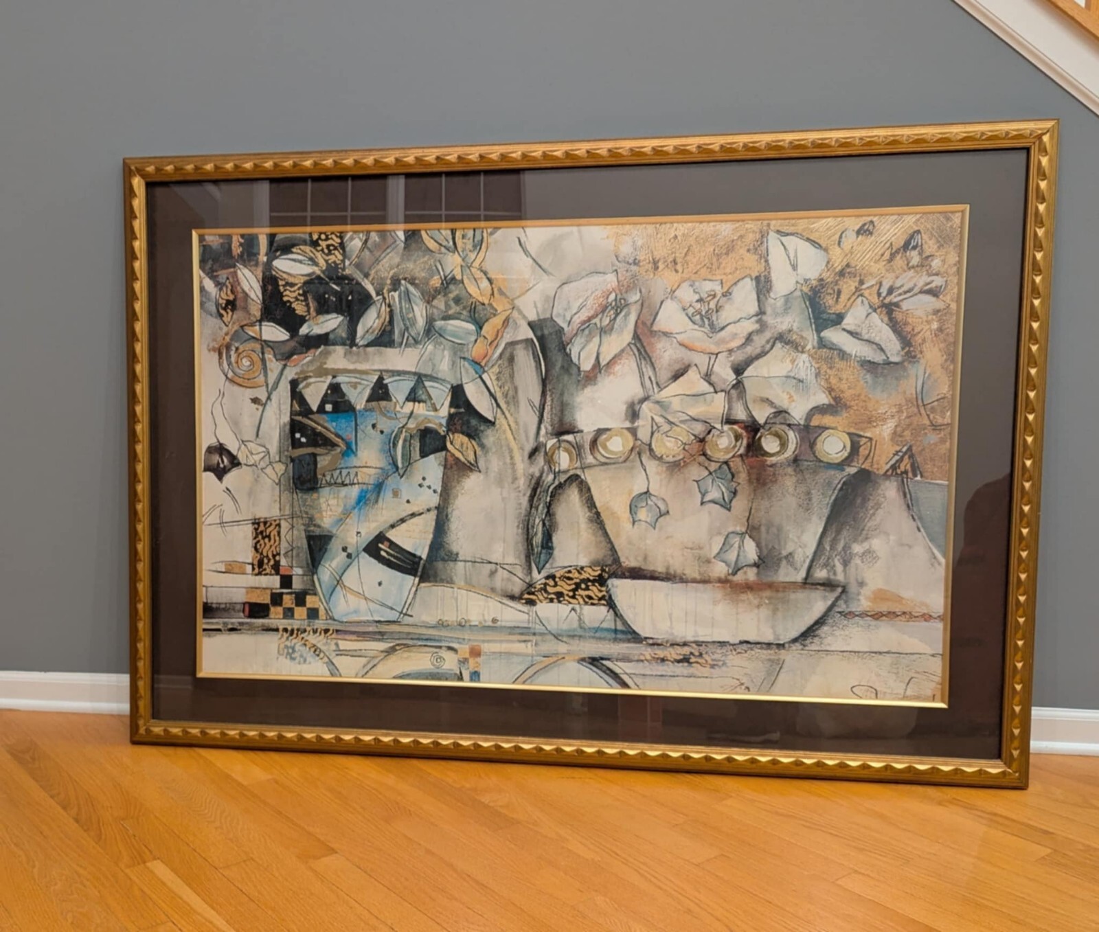 Large Framed Painting Of Abstract Vases And Flowers