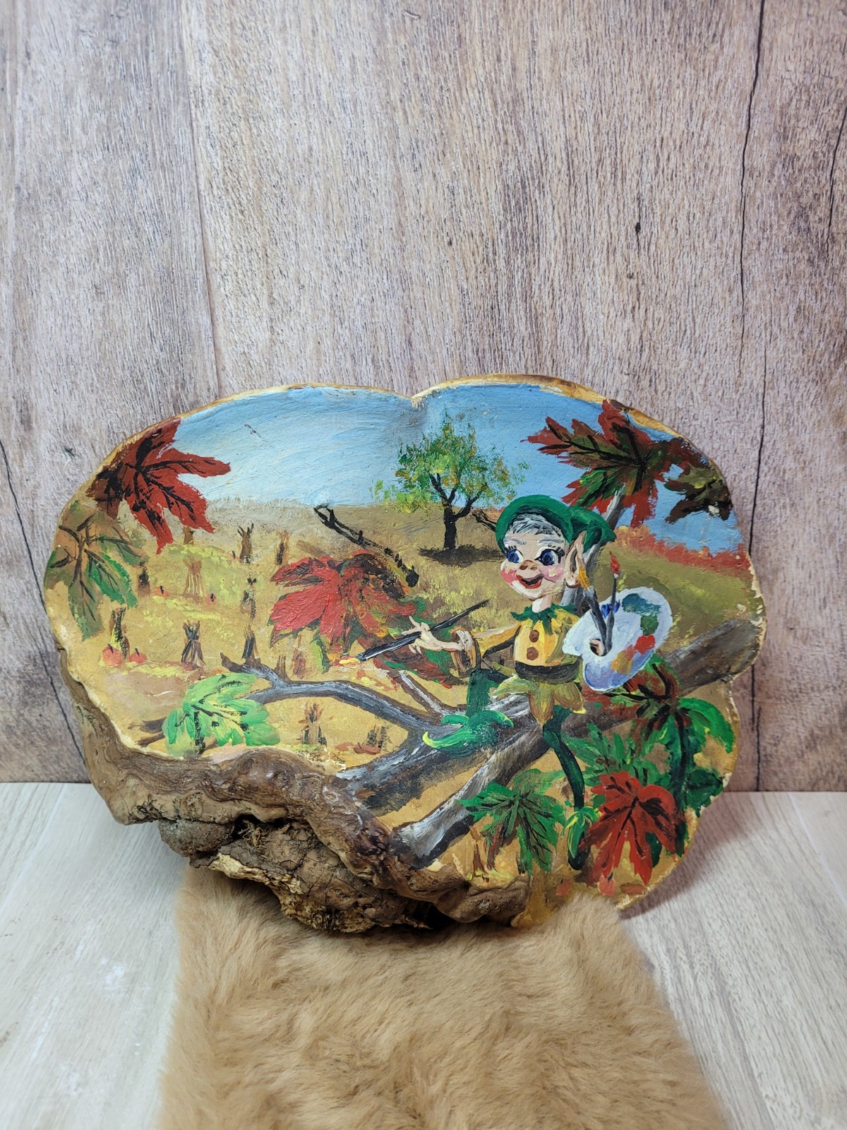 Vintage Hand Painted Conk Mushroom Pixie Scene Folk Art Woodland OOAK 1960s