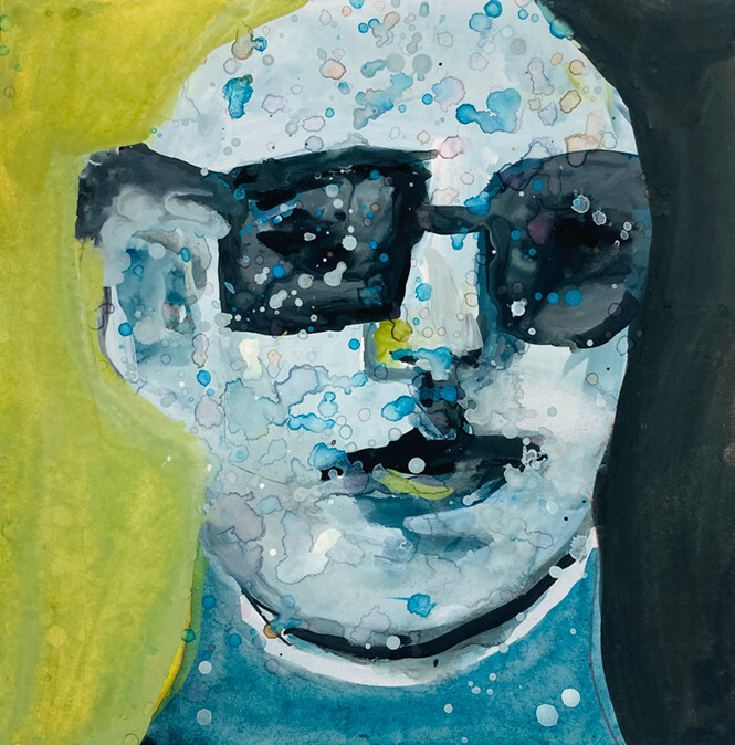 Portrait Painting 8×8 Expressive Blue Bald Man Original Naive Outsider Art