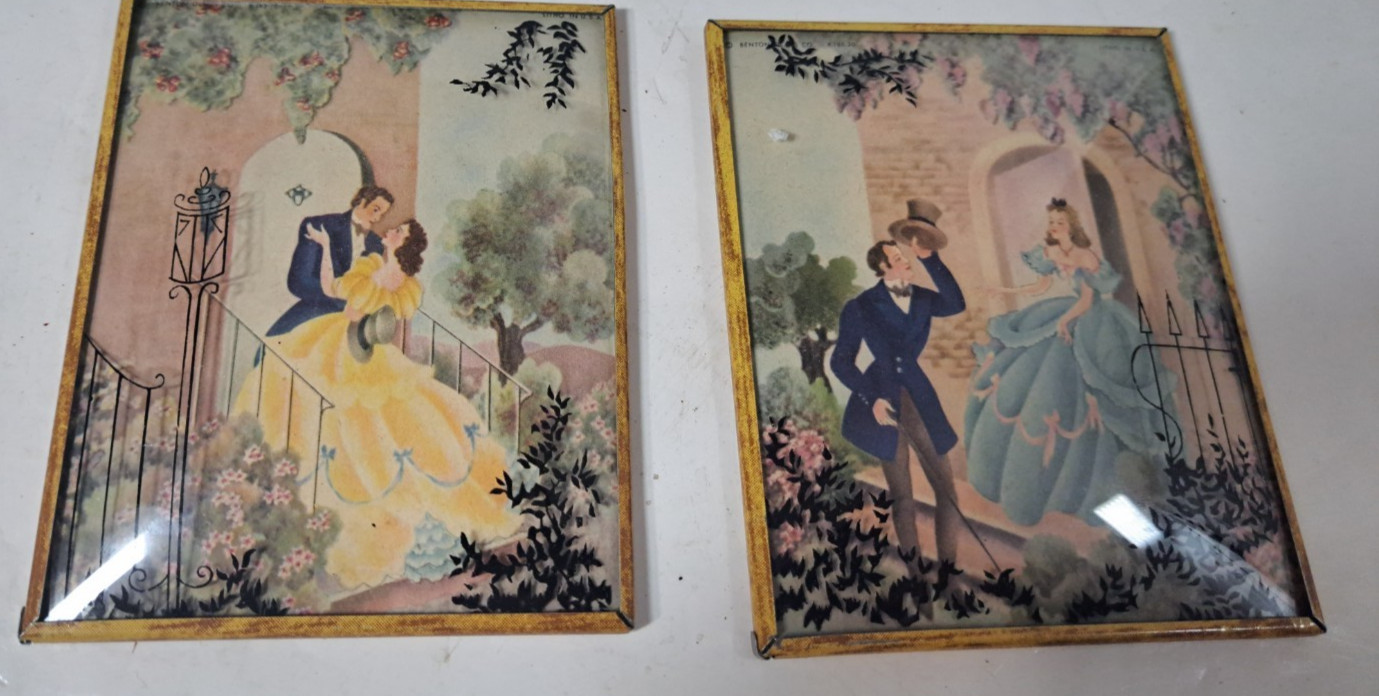 Lot 2 Convex Bubble Glass Reverse Painted Silhouette Art Courtship Couple