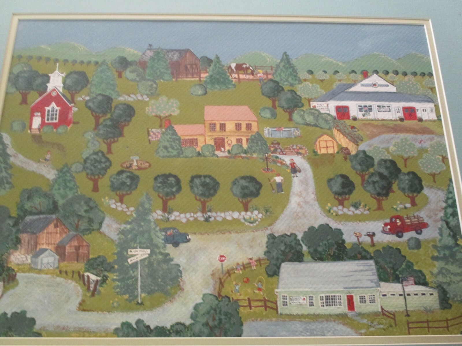 VINTAGE NAIVE PAINTING FOLK ART AMERICAN TOWN VIEW FARM COUNTRY STREET SCENES