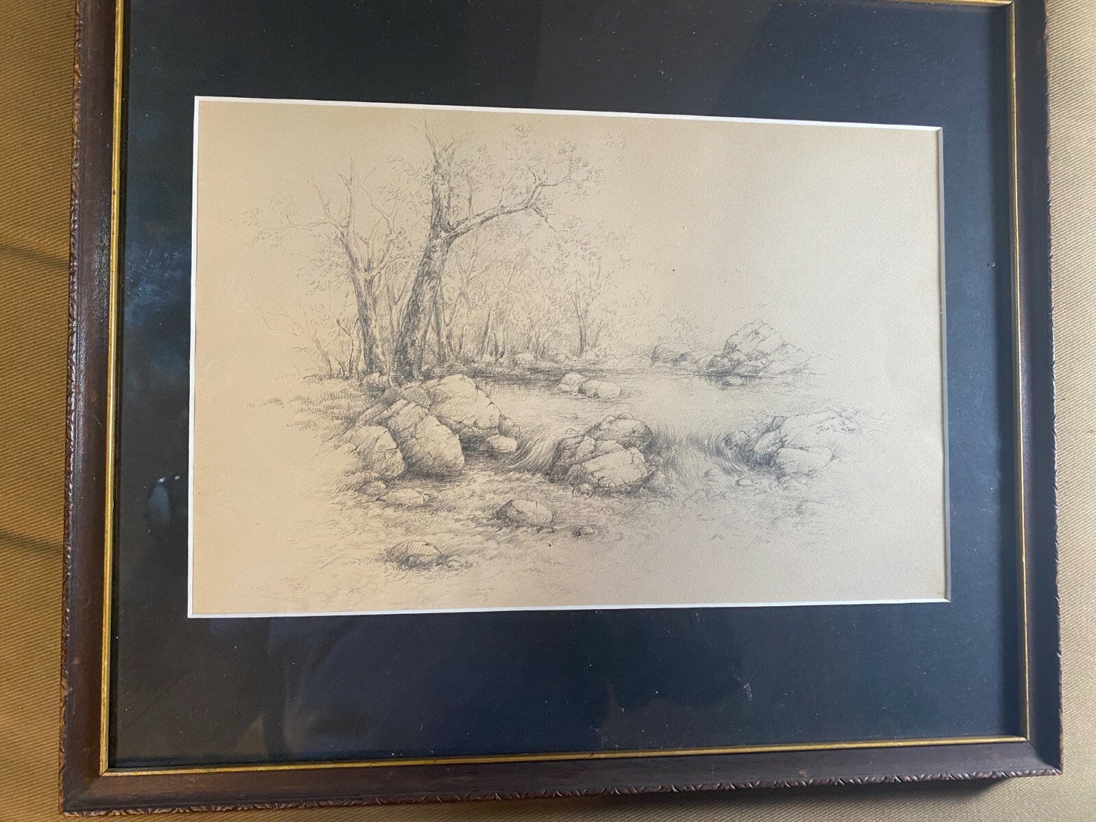 Antique A.A Freedman 1892 «River Landscape Scene» – Pencil Drawing – Framed
