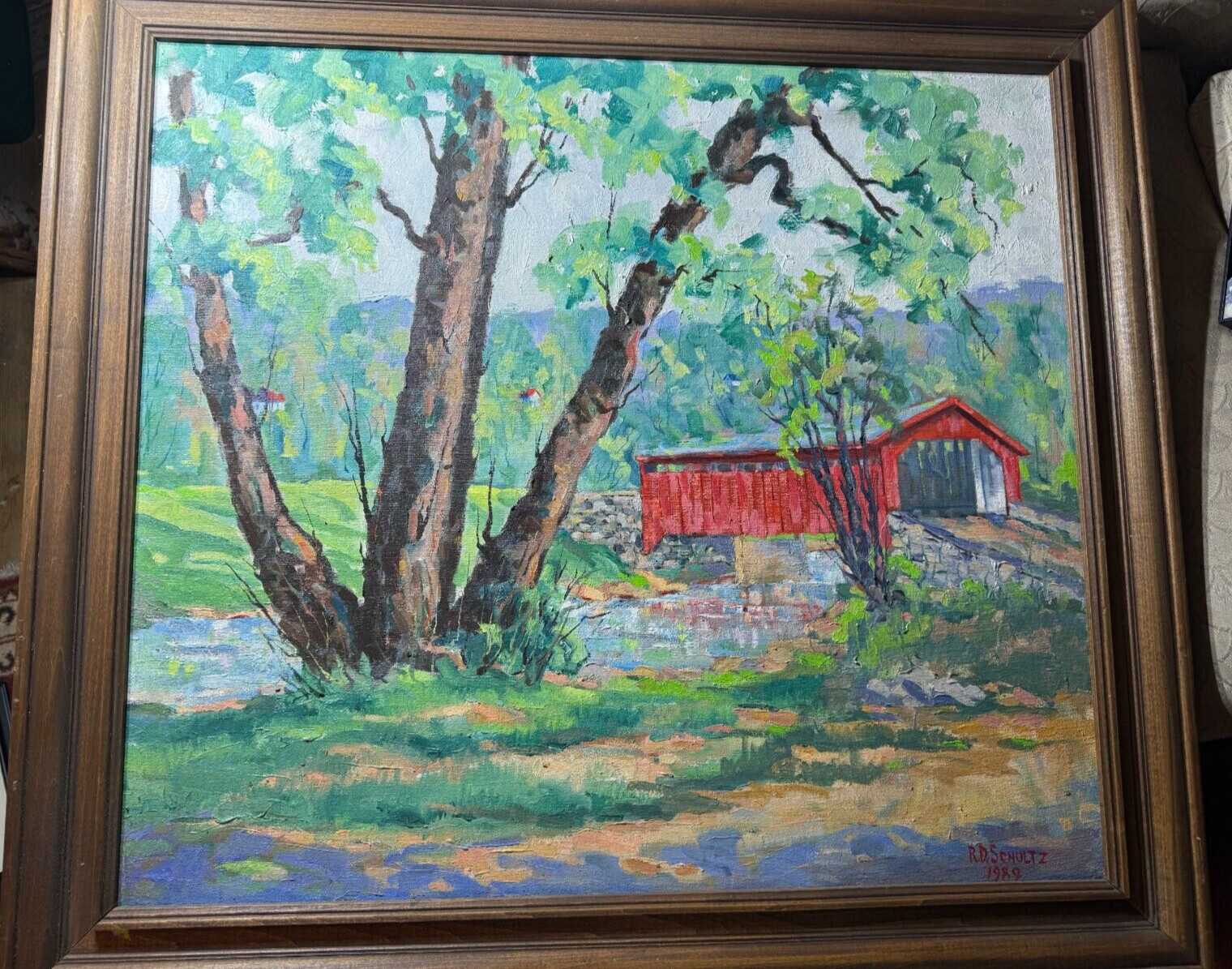 Richard D. Schultz (1915 – 2007) «Bogert’s Covered Bridge, Lehigh» Oil Painting