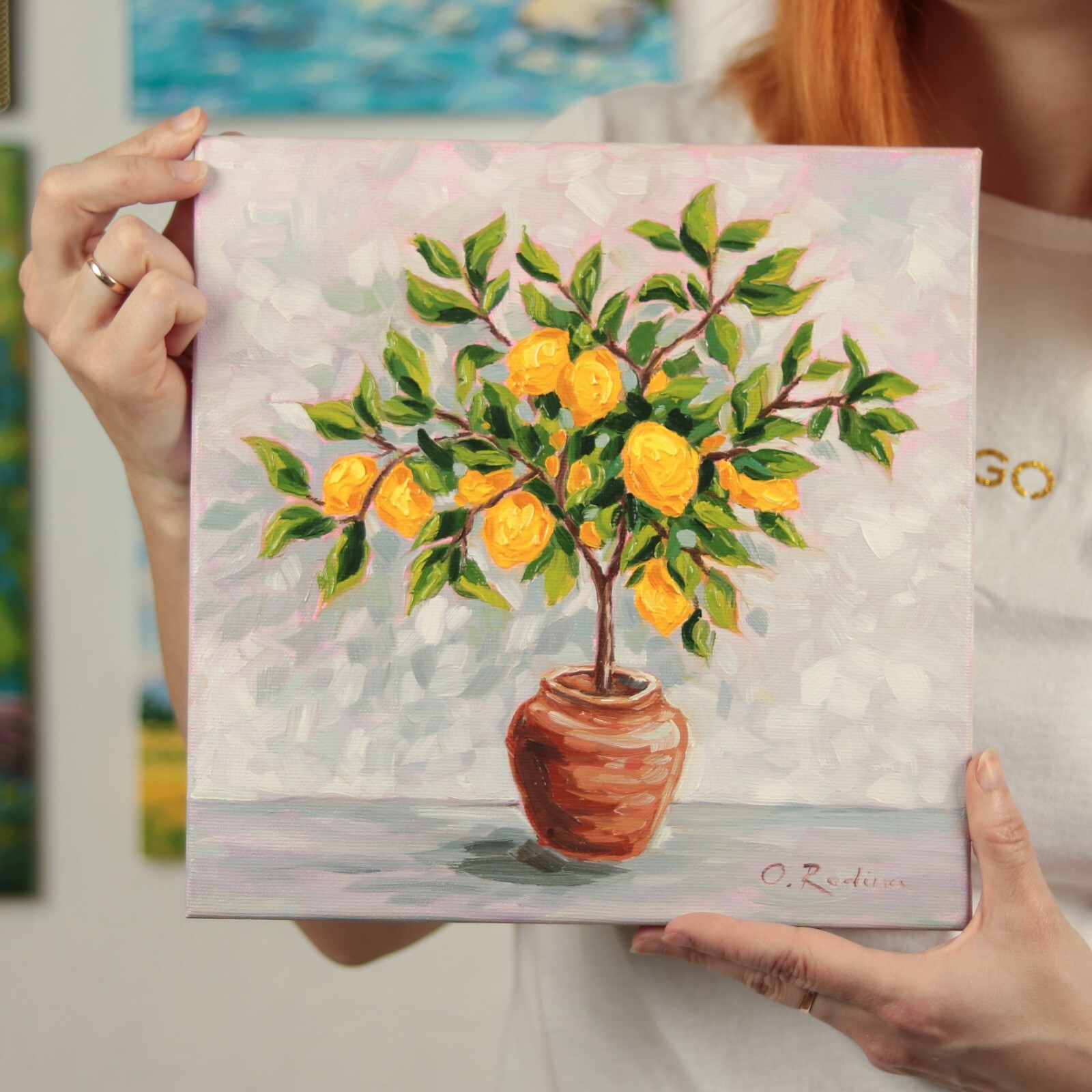 Original Lemon Tree Oil Painting on Canvas 10×10 Lemon Wall Art Lemon Tree