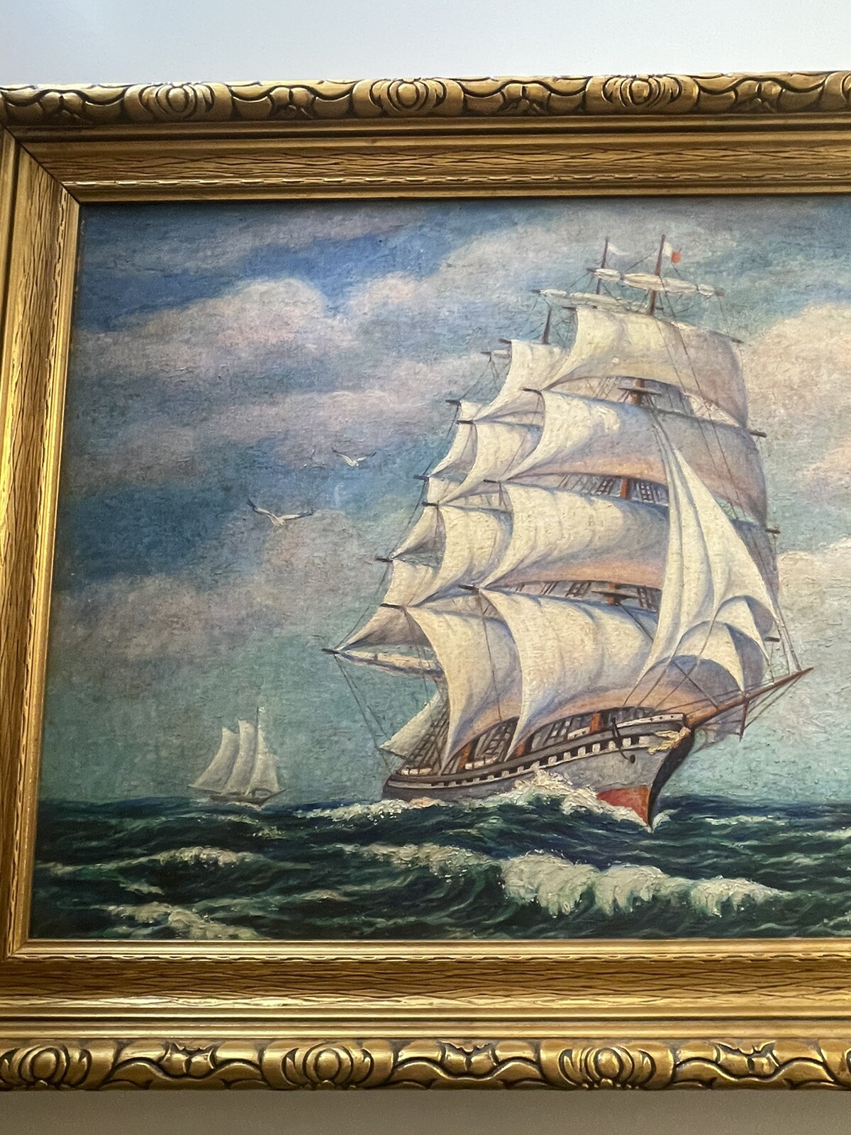 Antique Nautical Painting Seascape American Lighthouse Landscape Coastal Ship