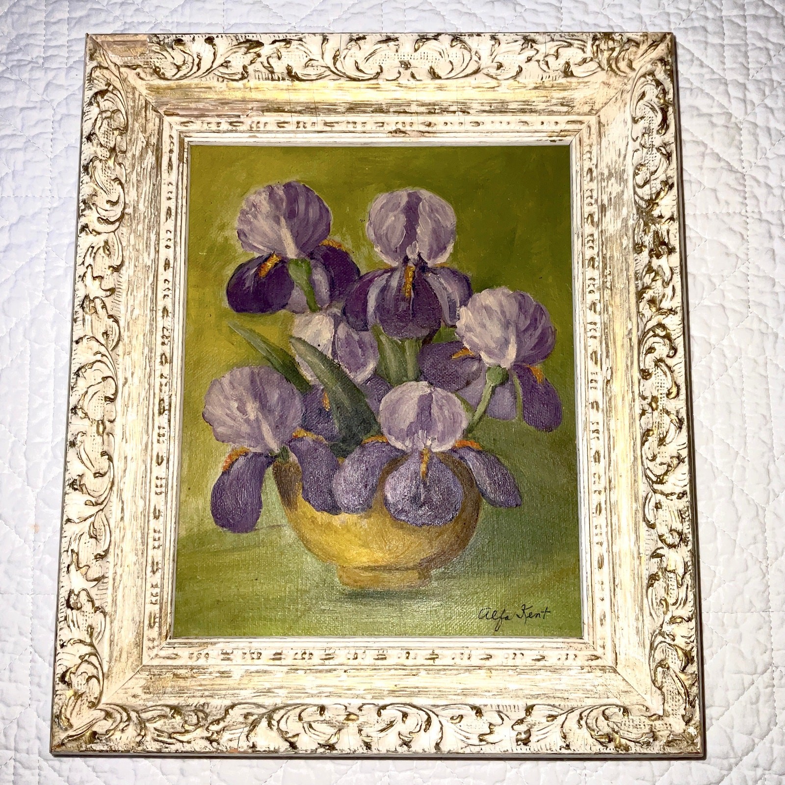 Vintage Iris oil painting hand painted original by Kent flowers floral