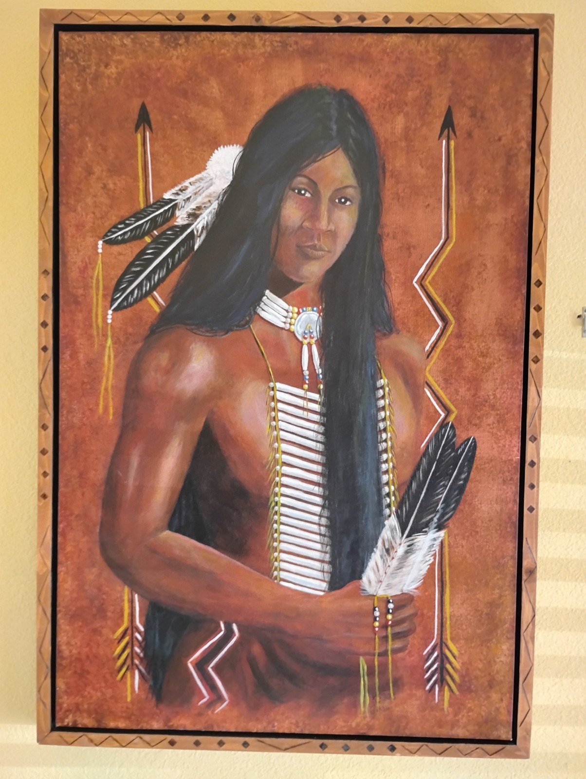 Friendship Feathers. Acrylic On Canvas. 24″×36″. Wooden Frame With Wood Burn.
