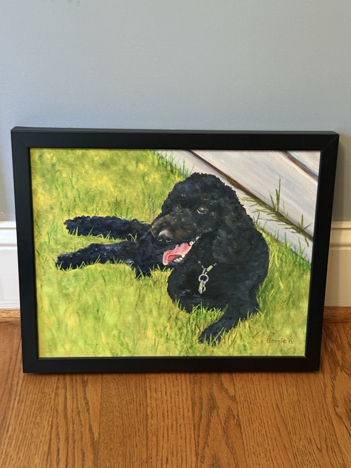 Original One Of A Kind (OOAK) Black Labradoodle Dog Oil Hand Painting With Frame
