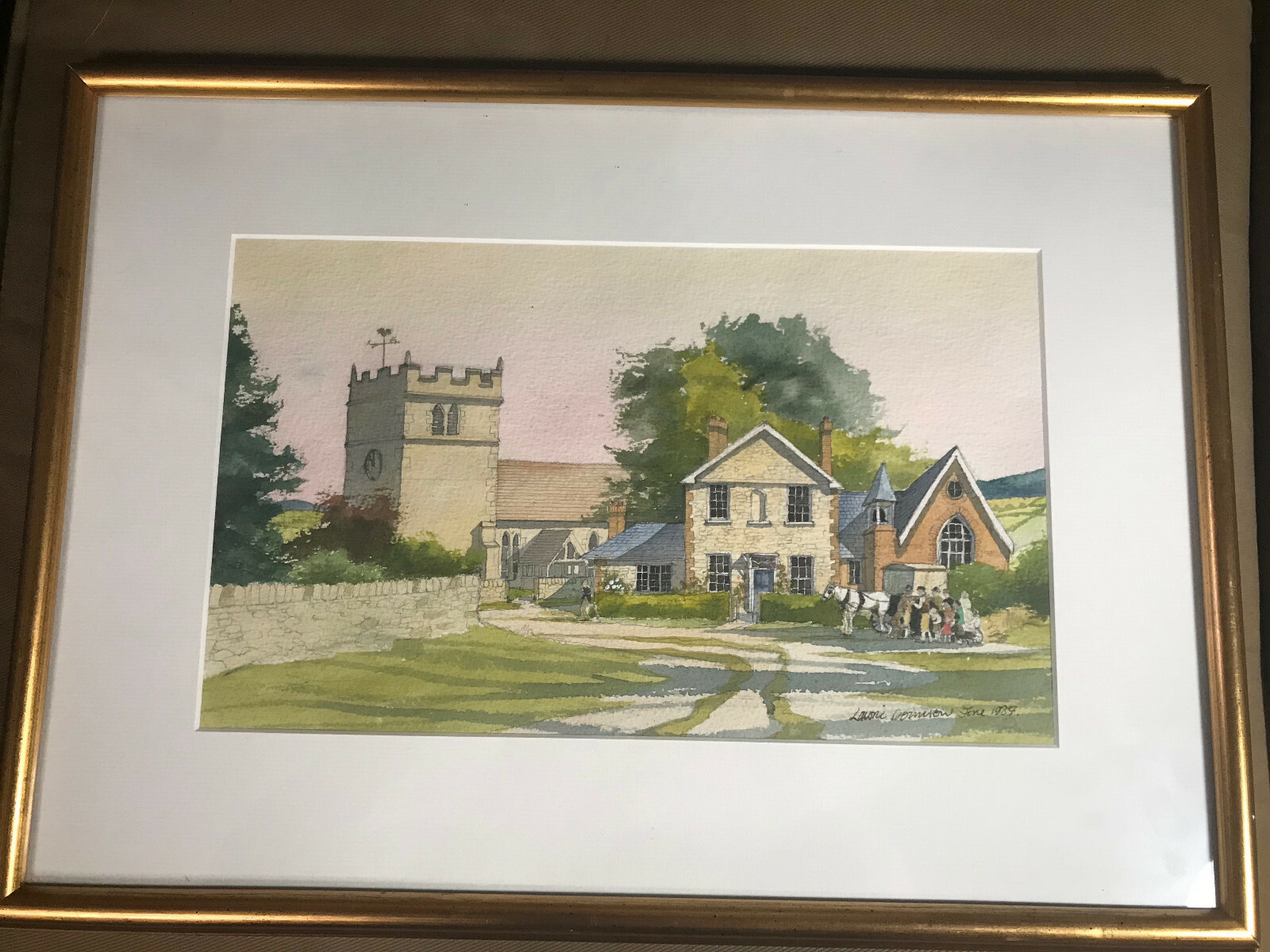 Lawrence E Donnison (b1938) «Village Landscape» Watercolor Painting – Framed