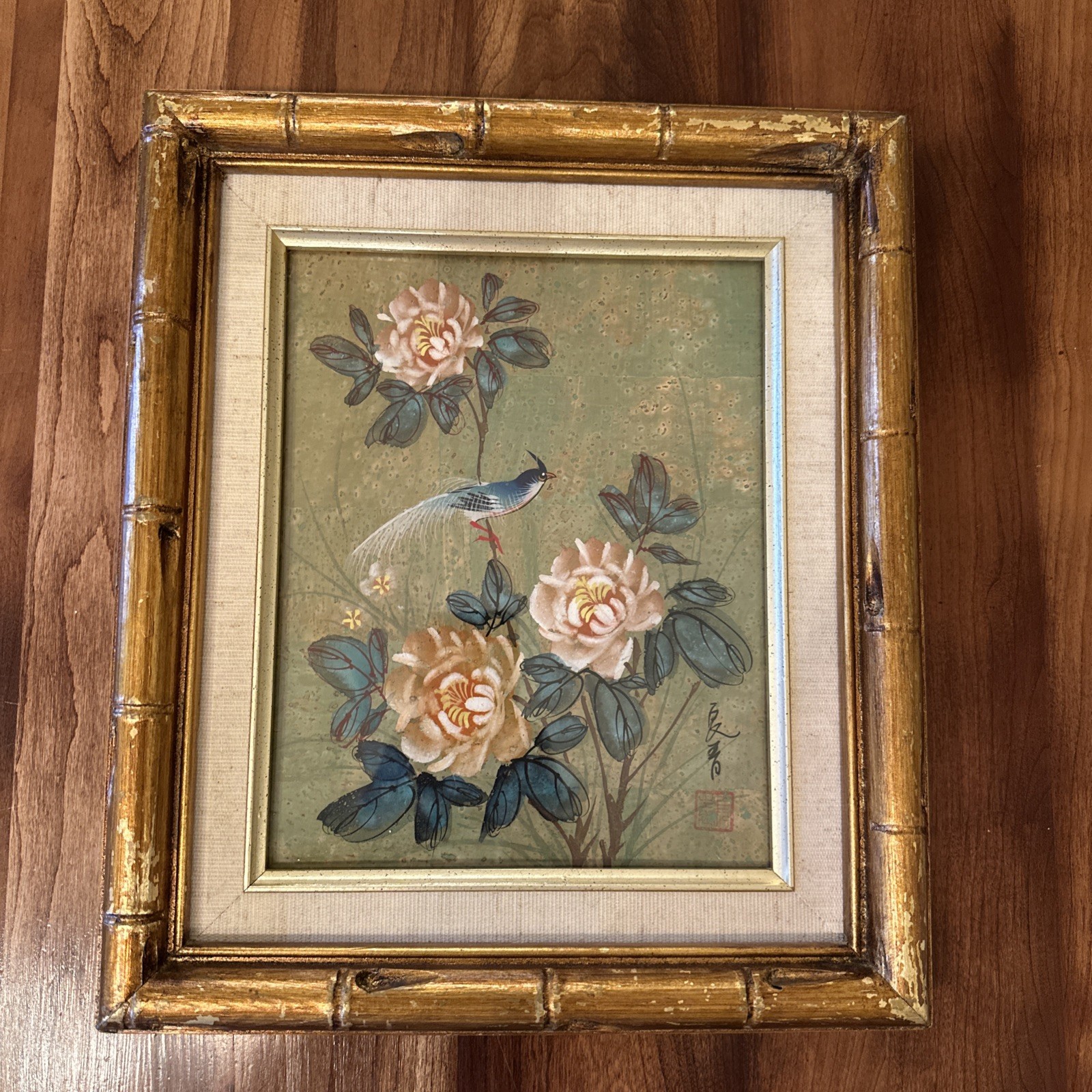 Watercolor Painting Asian Cork Paper Bird Flower Gold Bamboo Frame Signed 12×14