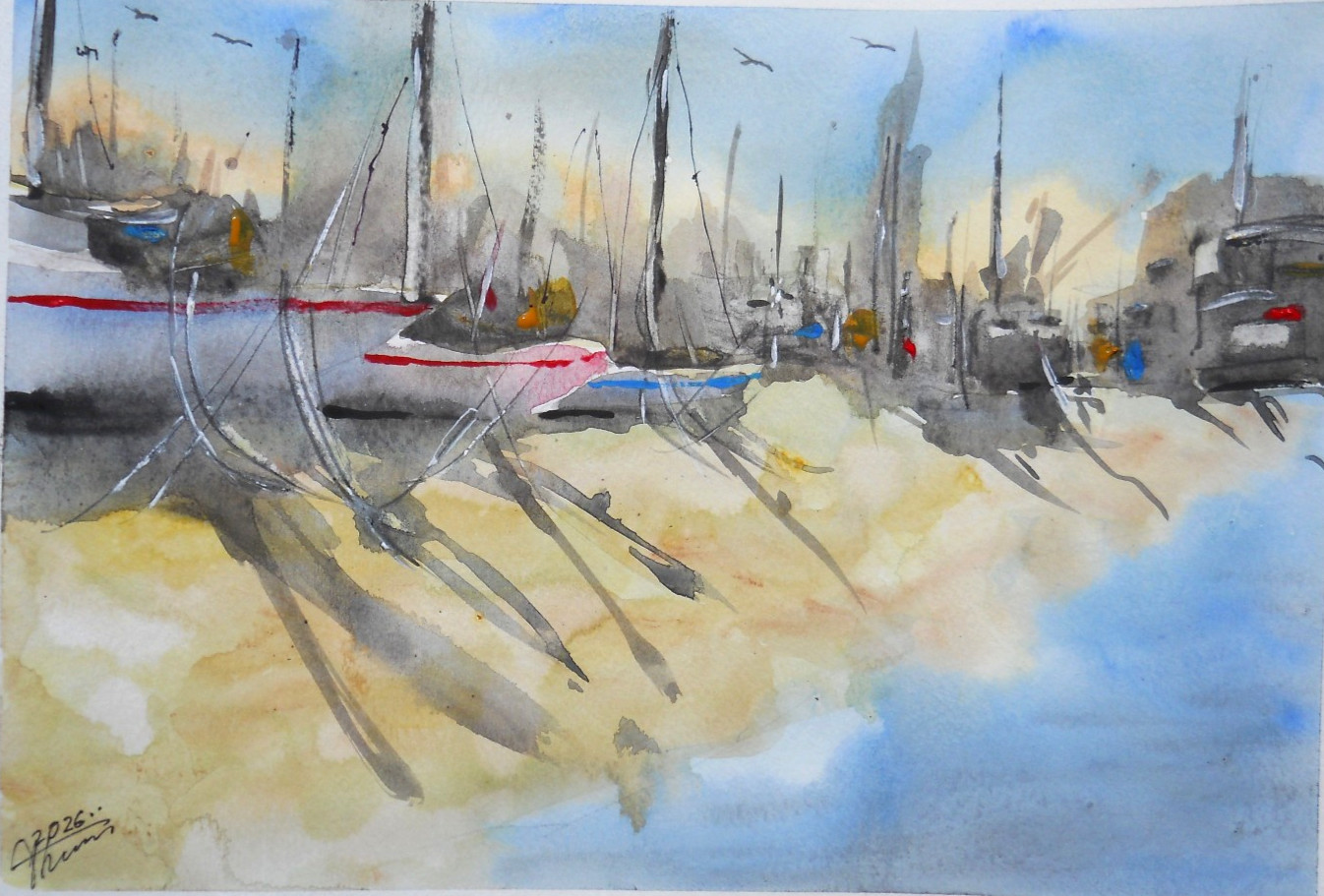 original watercolour «porto di salerno italy» boats sea 21 x 29.7cm by *thessini*