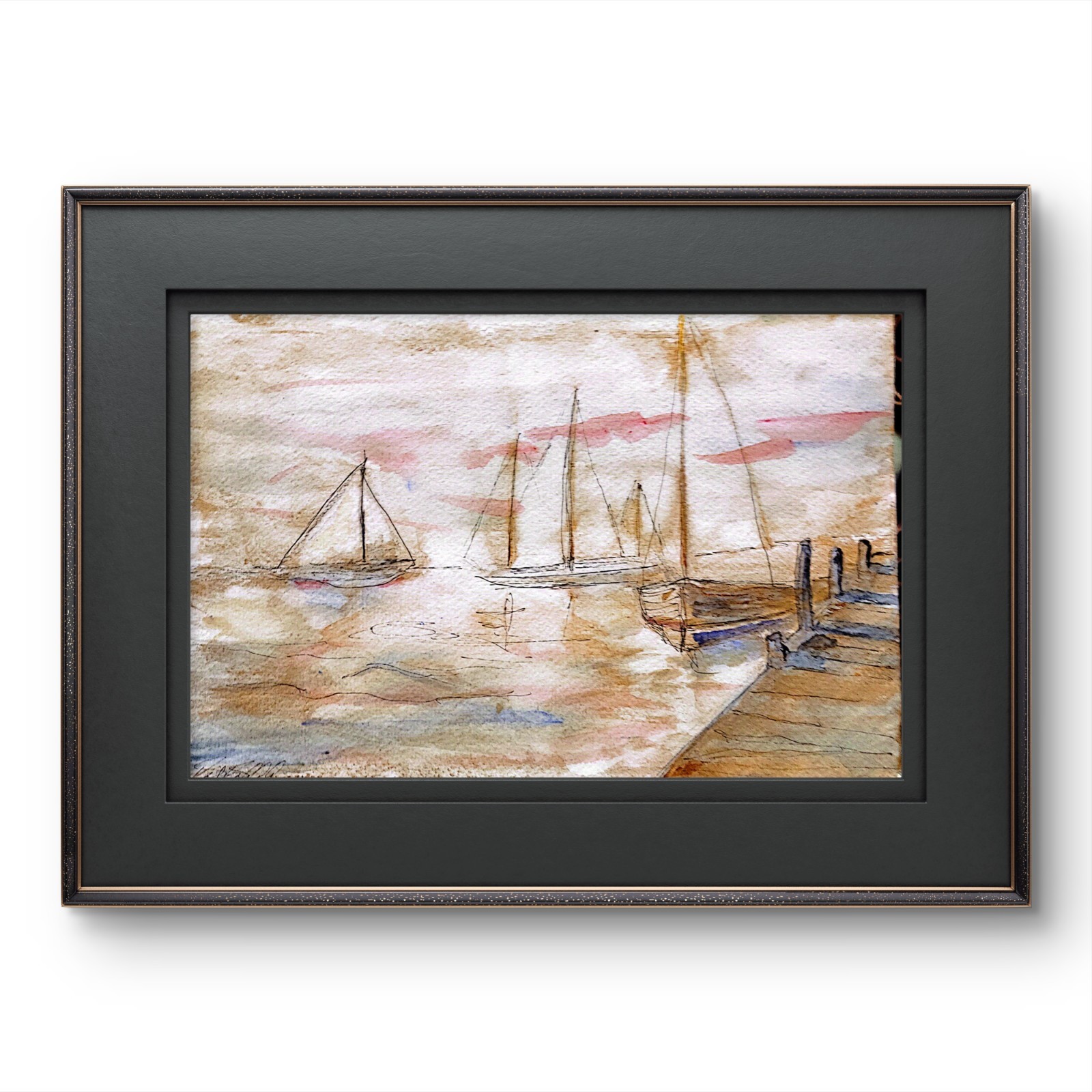Ships Contemporary Pop Art Watercolor Painting Signed