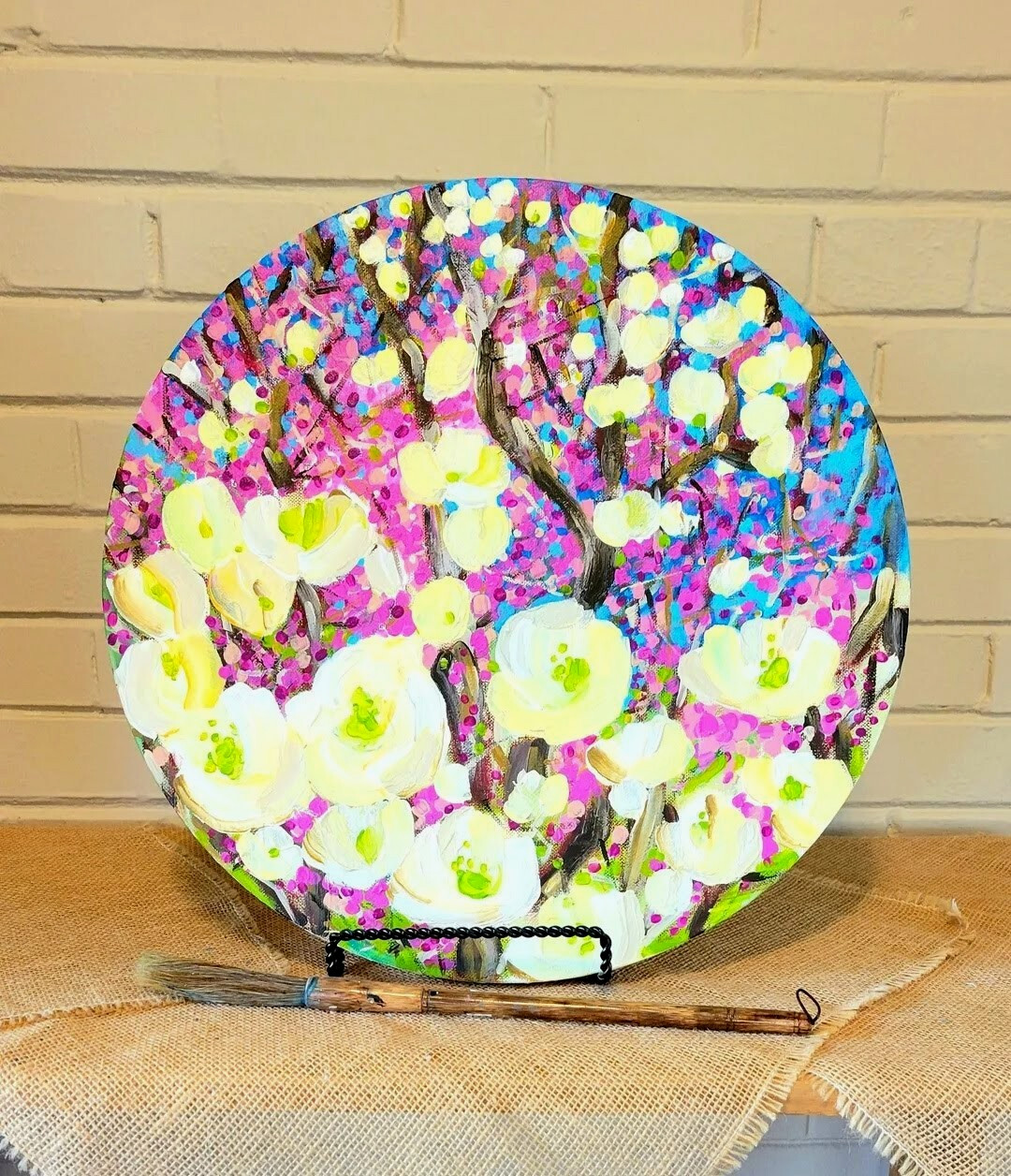 Round 16 inch canvas cherry blossoms painting pink purple yellow blue cream