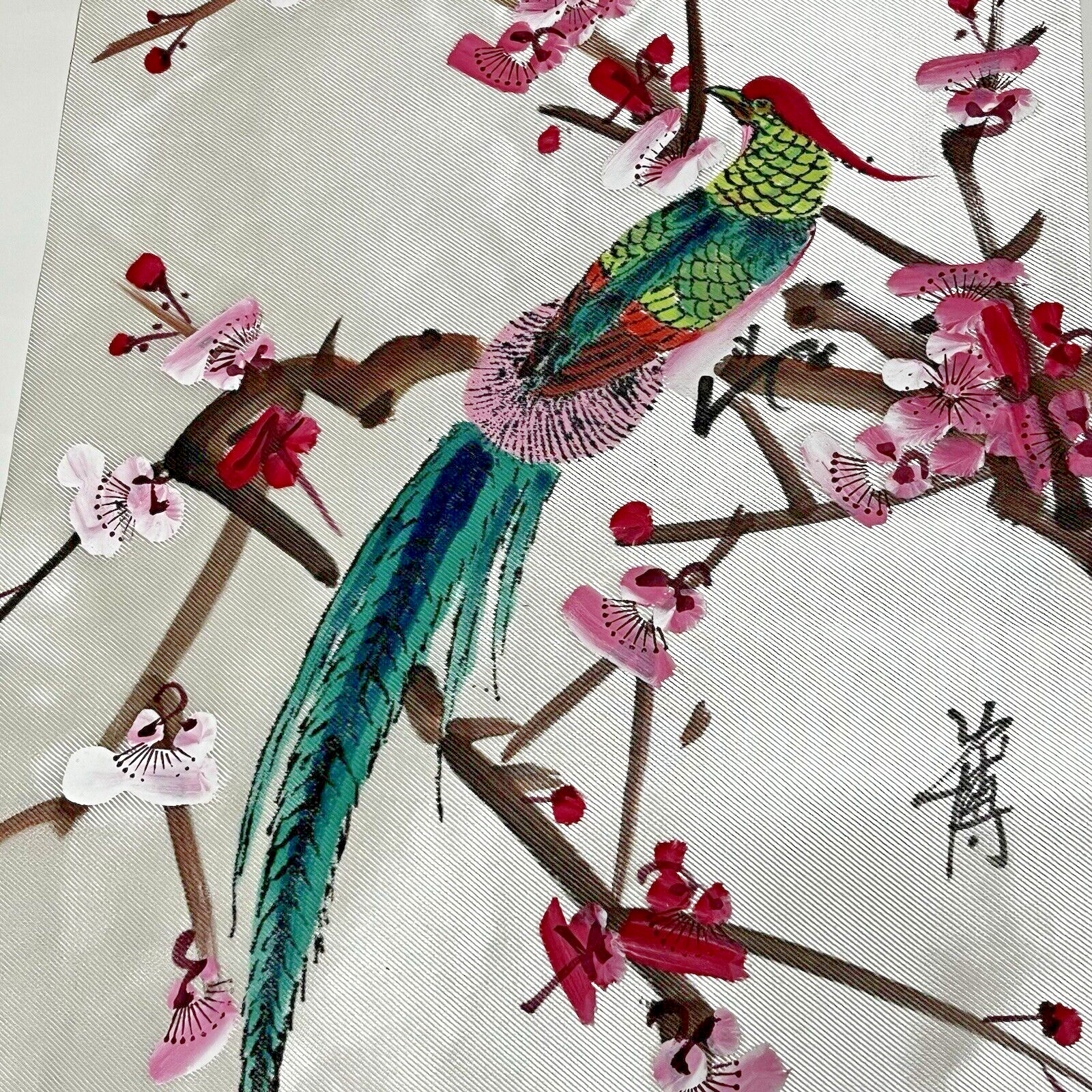 Set 2 Vintage Chinese Silk Painting Panels Birds in Flowering Tree 18.5″ x 11.5″