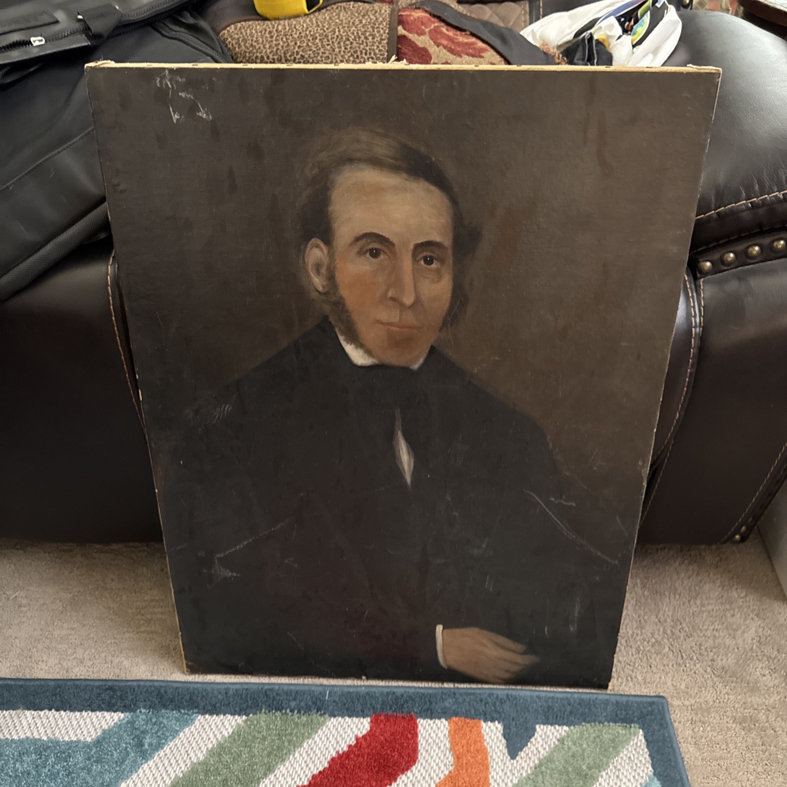 American School 19th Century Antique Oil Portrait Man In Suit Folk Art