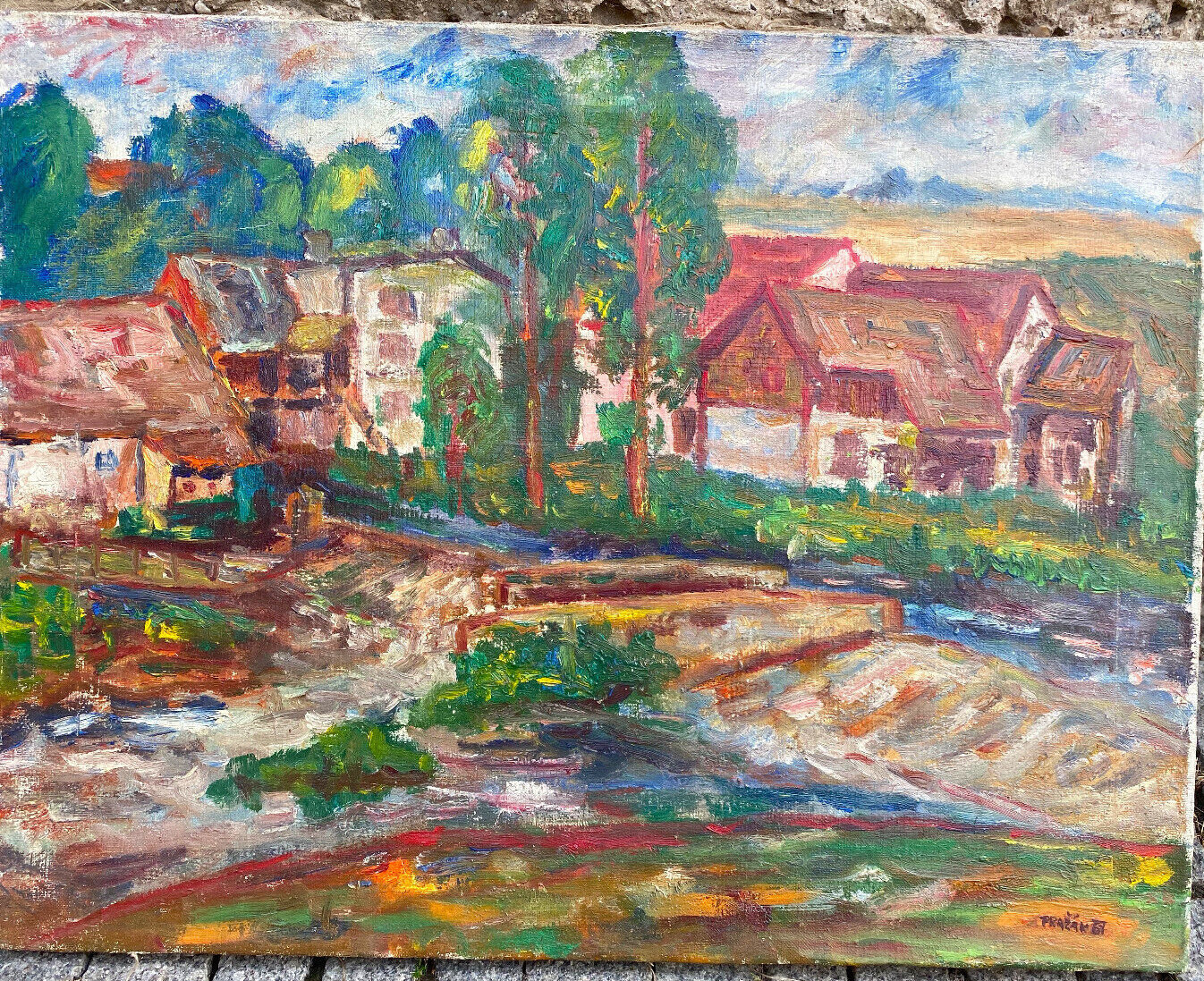Oil Painting Sign Prazak 1961 Village on The Rank At River & Forest IN Czech