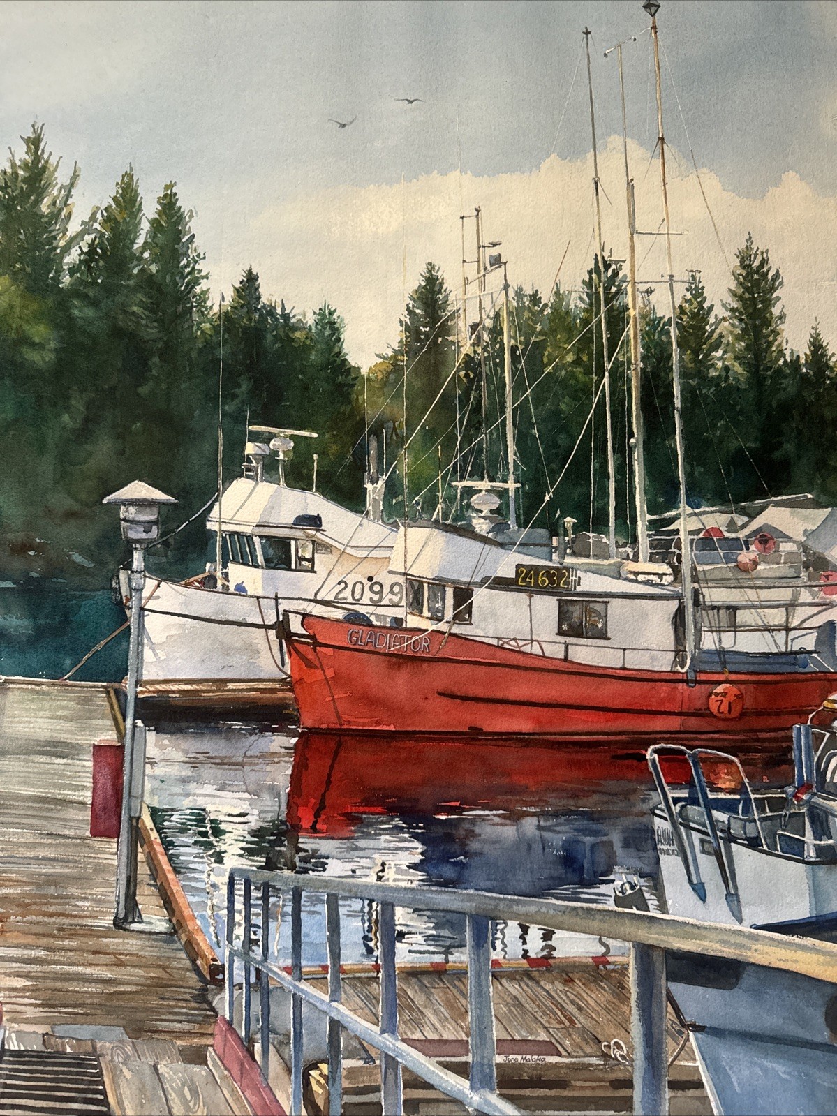 AMERICAN REGIONALISM PAINTING BOAT DOCK MARINA PORT JUNE MALAKA LISTED VINTAGE