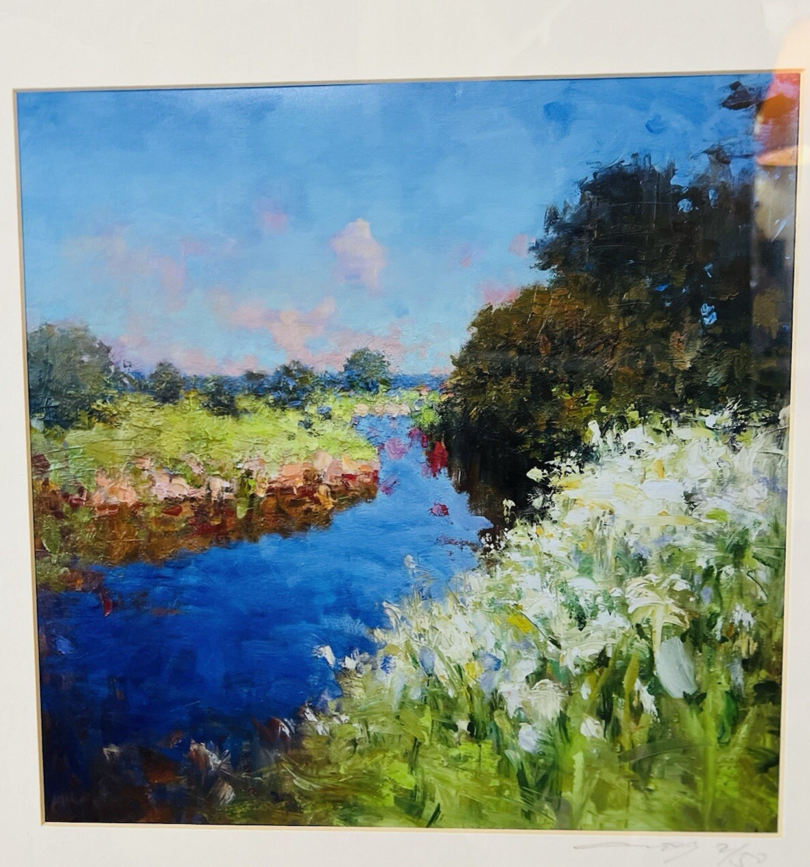 Signed Limited Edition Landscape Painting Matted & Framed 22X18 Stream Trees Sky