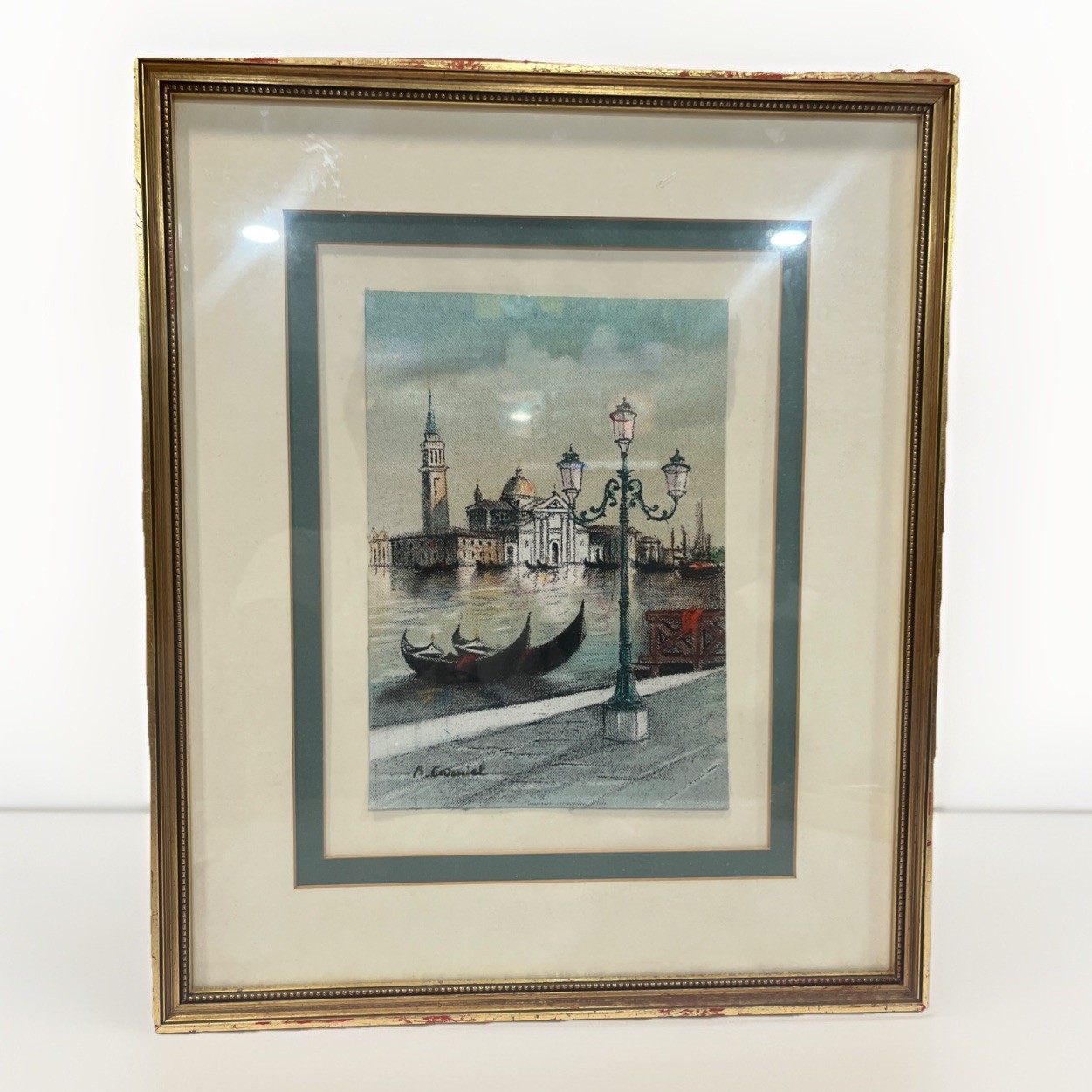 Vintage Framed Print? Venice Gondolas Cityscape Artist Signed Watercolor?