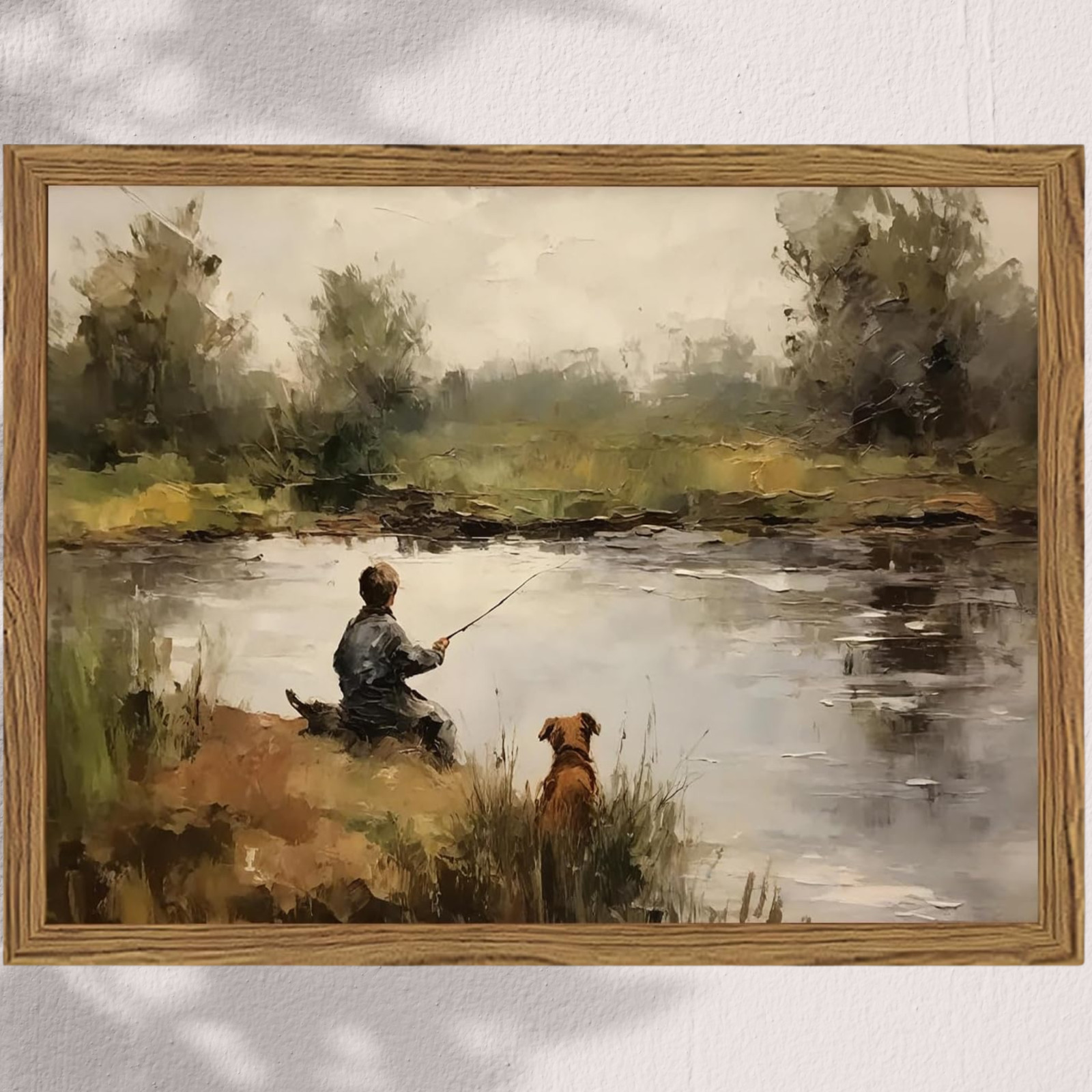 Boy Fishing Art Vintage Wallart, Rustic Country Landscape Painting, 10×8 Inch