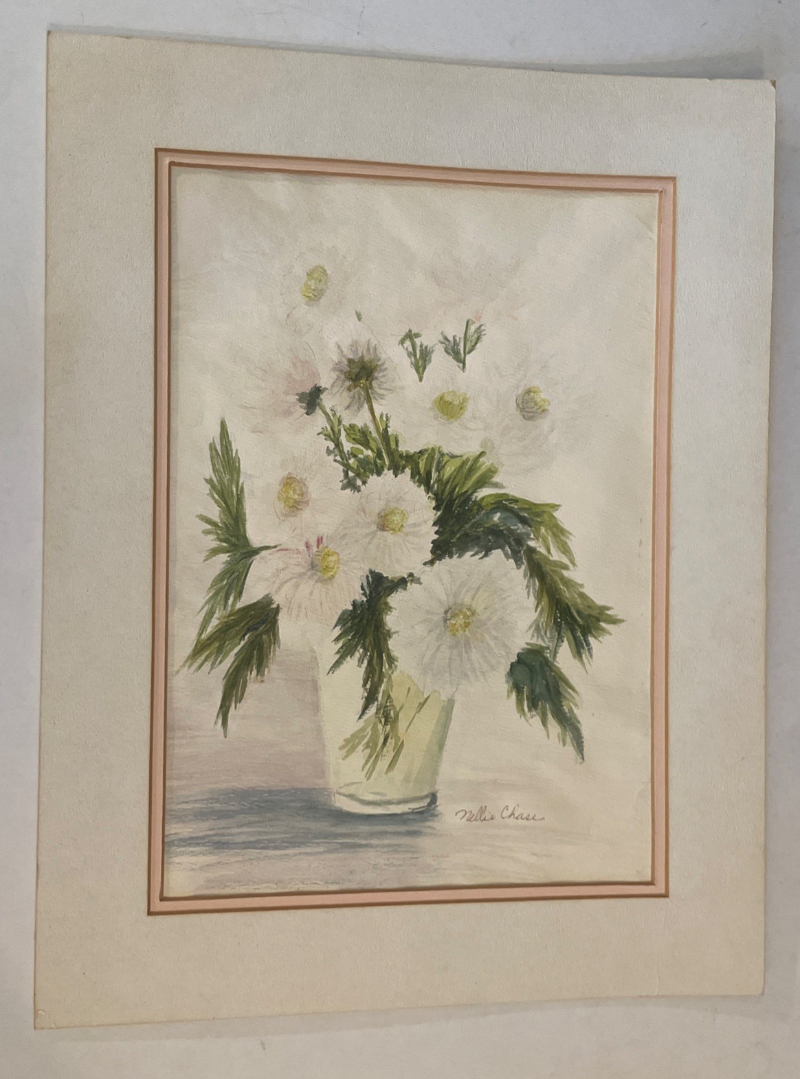 Watercolor Painting of White Flowers In Vase Signed Nellie Chase