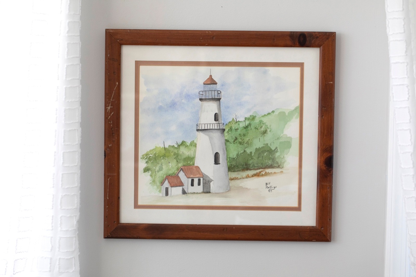 Lighthouse watercolor painting by Bill Hastings dated 1984 19.5″Hx21″W