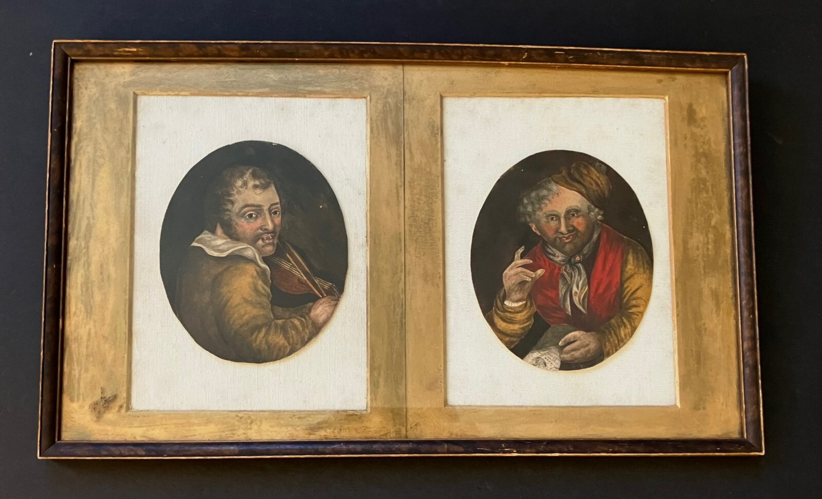 Antique 1805 GROTESQUE Gouache /tempera A PAIR in frame Nelson’s Victory French