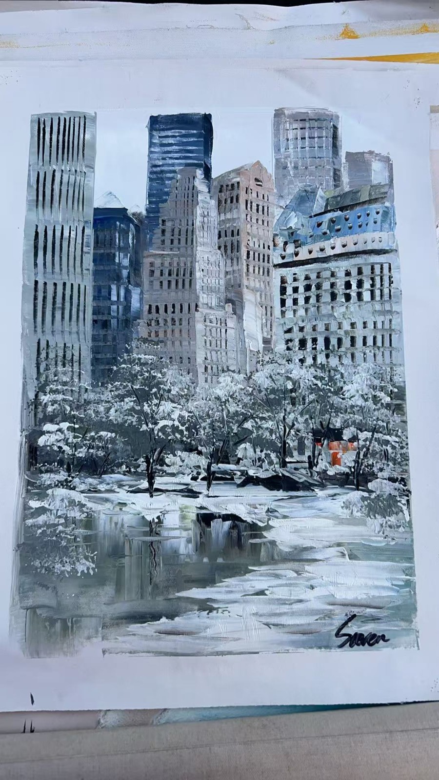 Original Hand-Painted Oil Painting-Central Park Winter Landscape &NYC Skyline