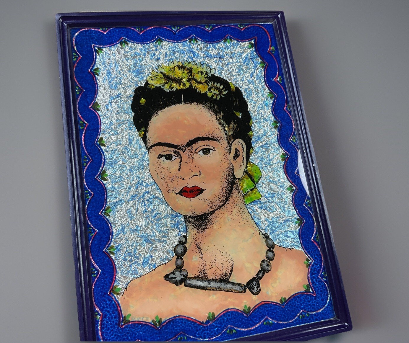 Frida Kahlo Portrait Art Flowers Framed Handmade Mexican