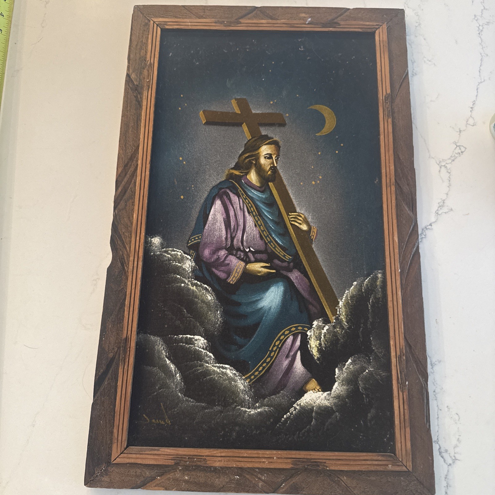 Vintage Retro Black Velvet Painting JESUS With The Cross Hand Carved Frame