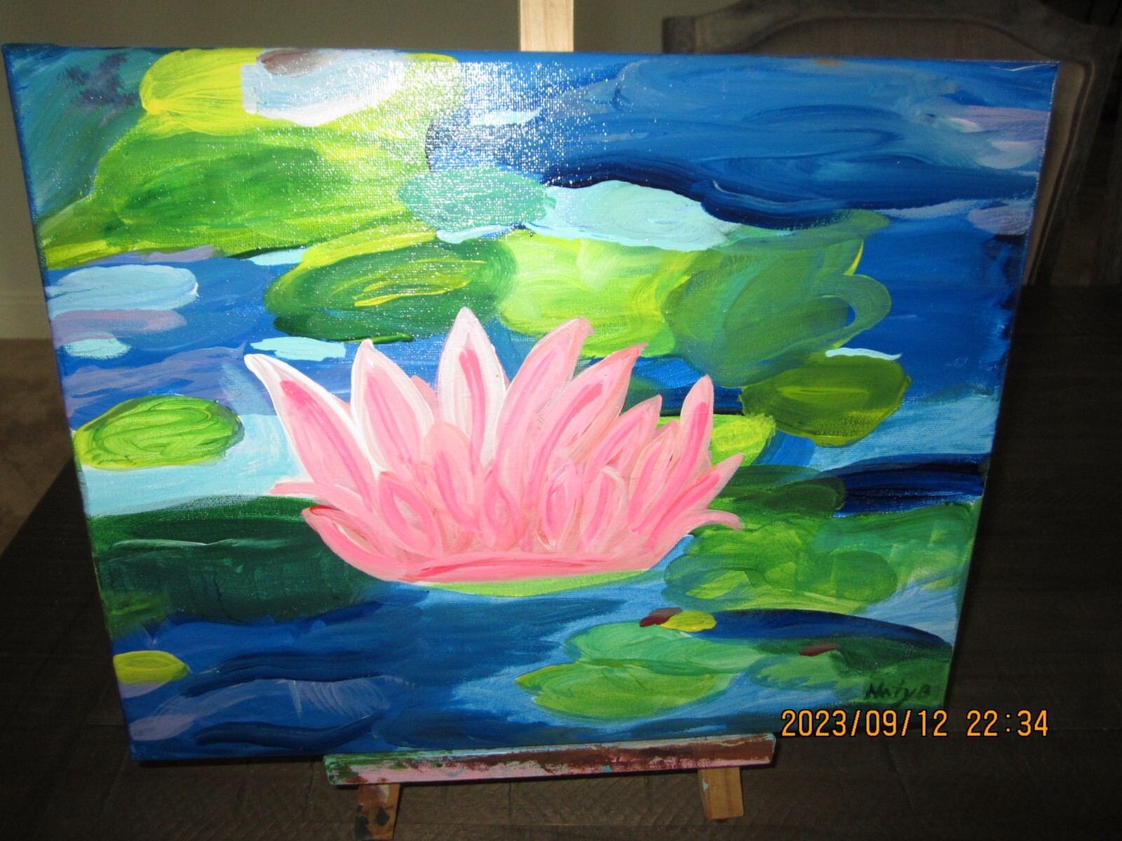 Canvas ART Painting Acrylic Water Lily Pads Blue Green Pink 11 X 14 Signed By Me