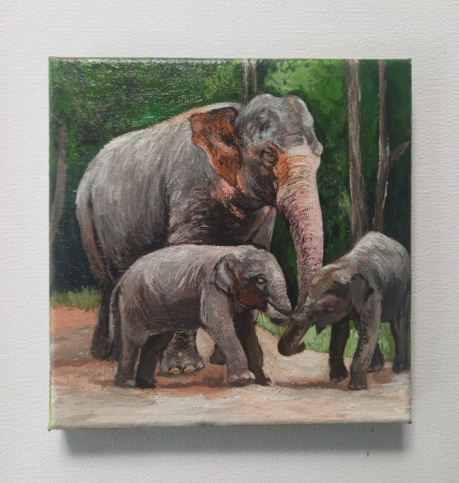 Original Handmade Canvas Art – Elephant Family (Mother with Two Baby Elephants)”
