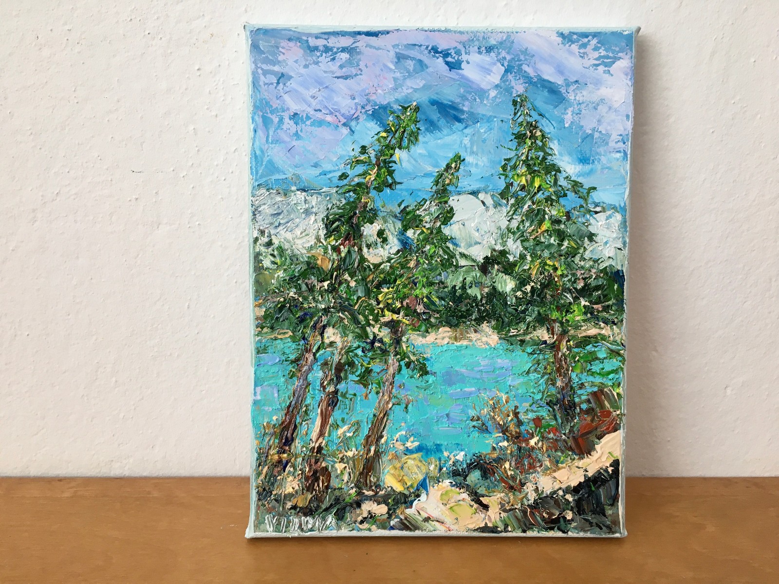 Natural Landscape Impasto Oil Painting on Canvas Trees Mountains Lake Painting Signed