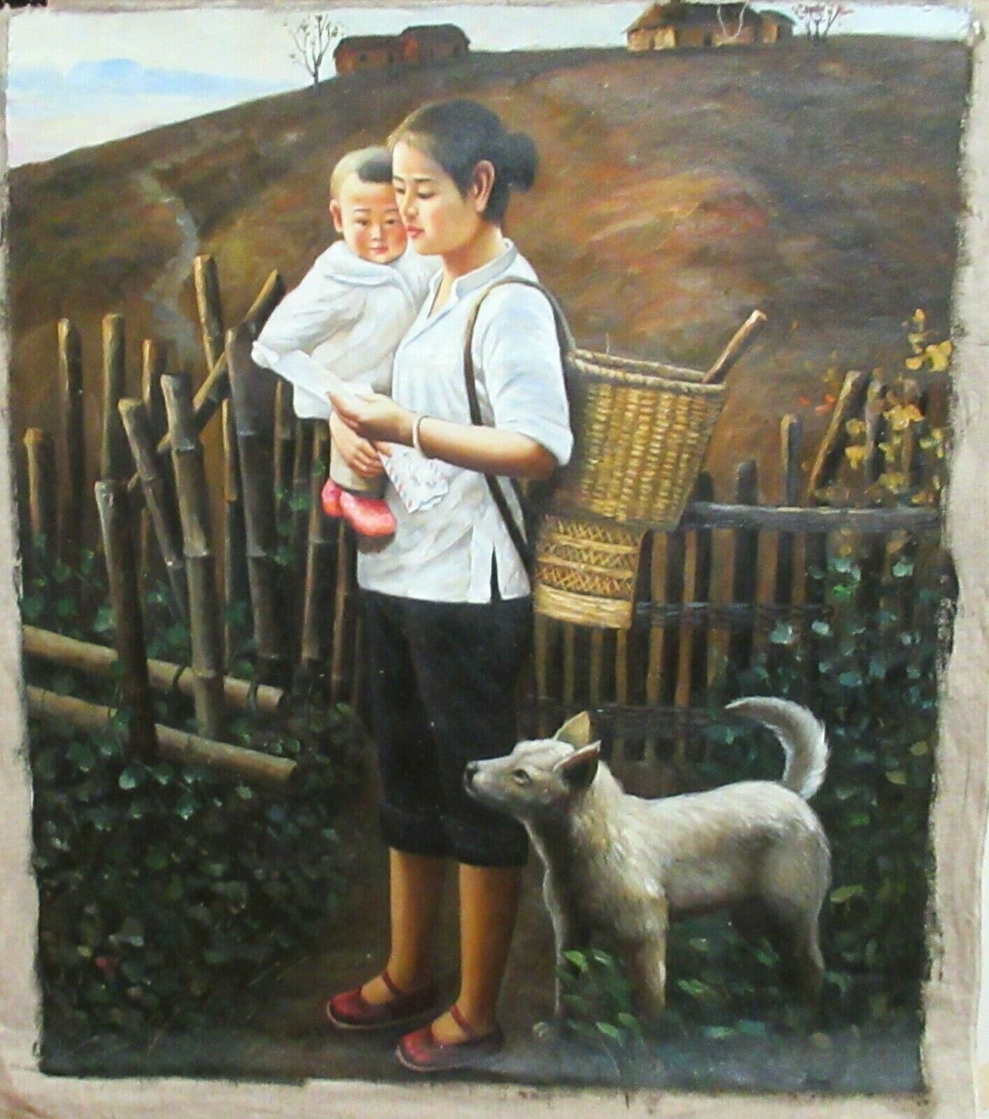 CHINESE MOTHER CHILD WITH DOG ORIGINAL OIL ON CANVAS LANDSCAPE PAINTING UNSIGNED